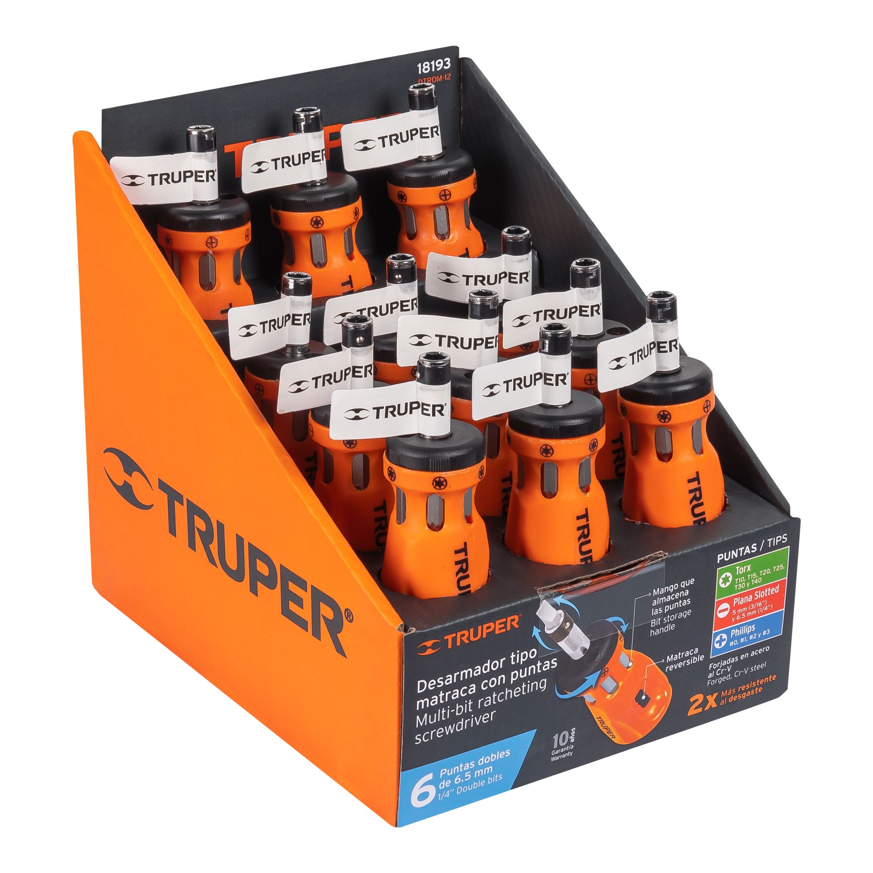 DESARMADOR TIPO TROMPO CON MATRACA Y 6 PUNTAS DOBLES, TRUPER 18193