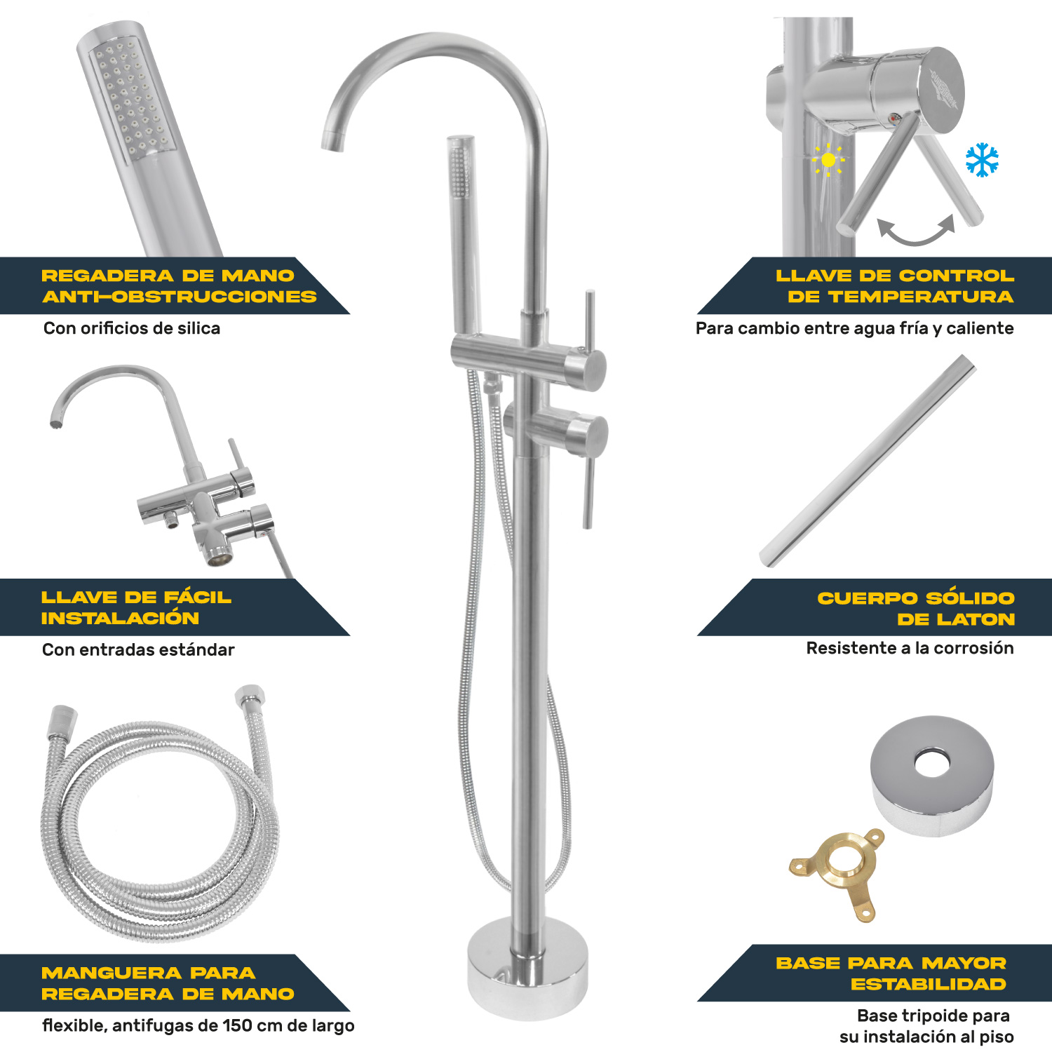 Llave Mezcladora De Piso Bañera Tina Baño Grifo Minimalista Plata