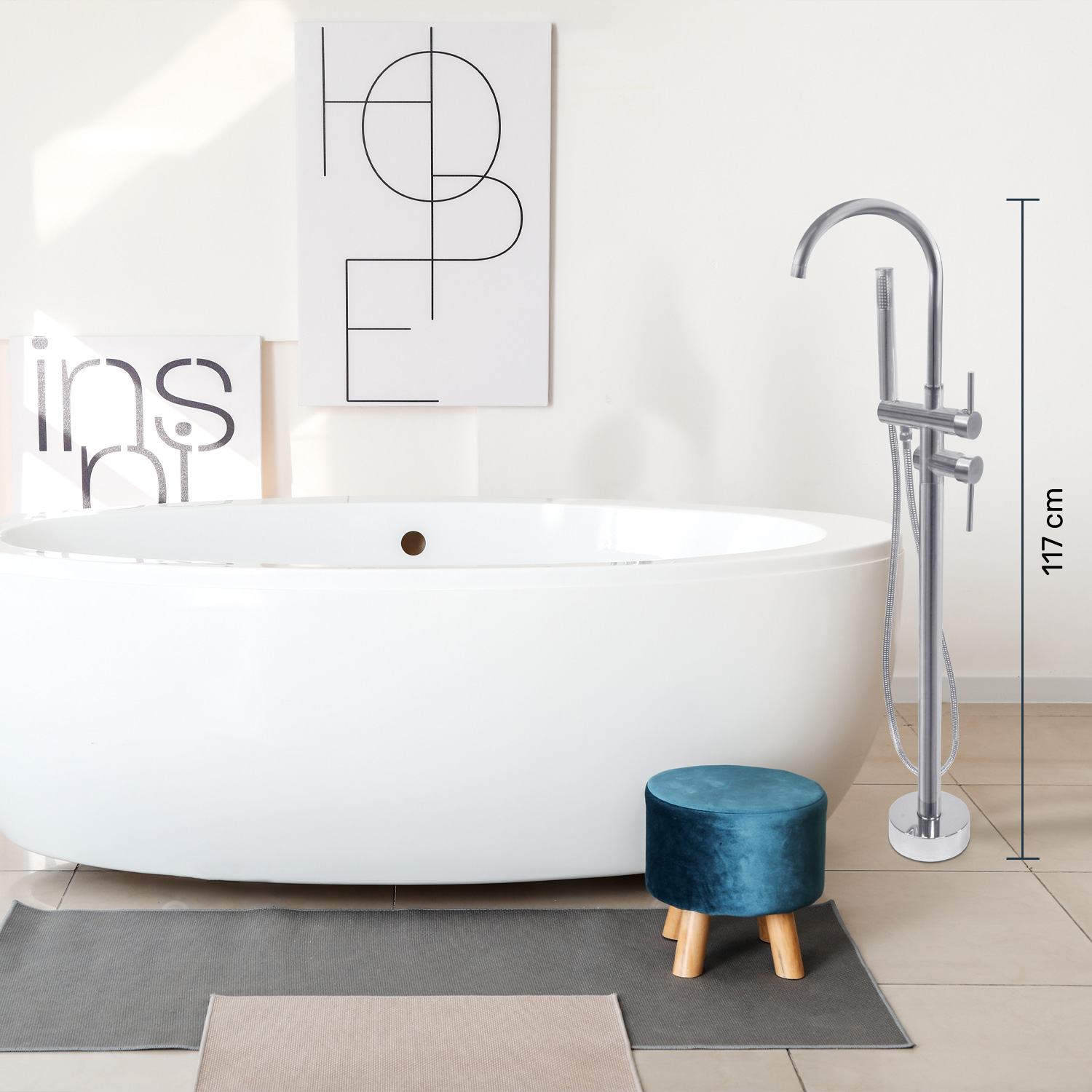 Llave Mezcladora De Piso Bañera Tina Baño Grifo Minimalista Plata