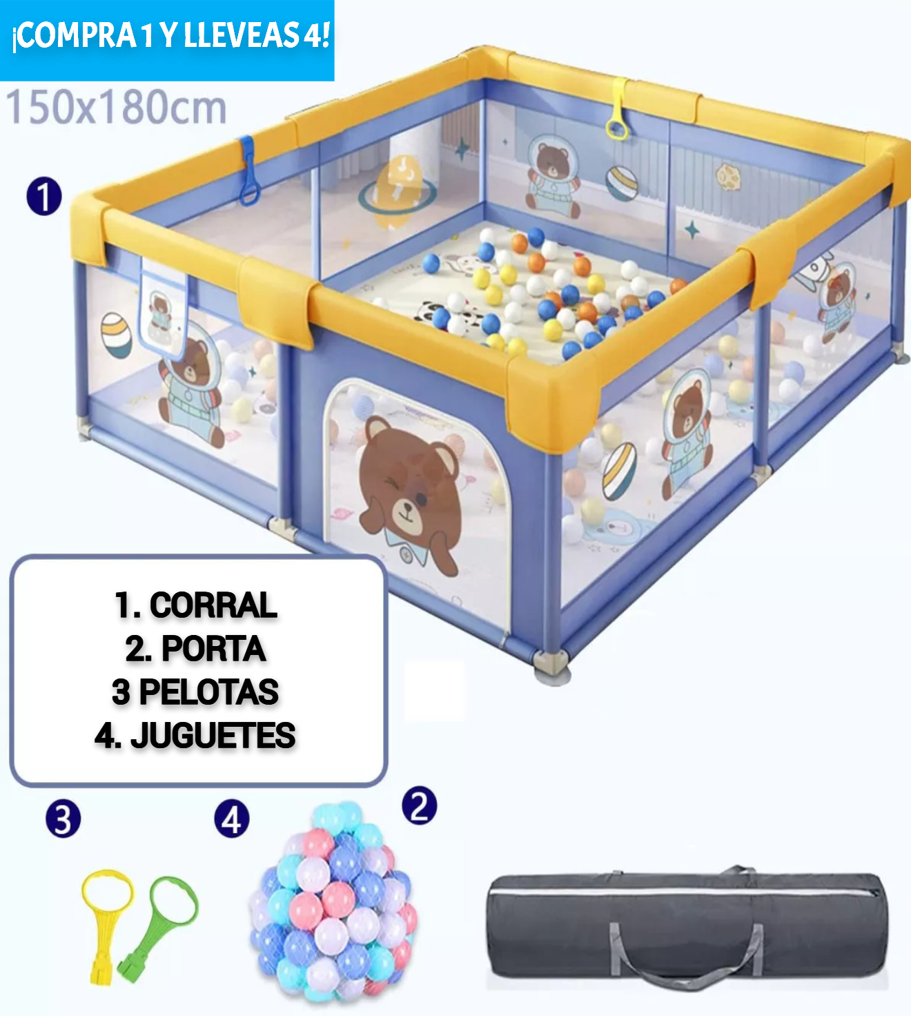 Corral Para Bebes Corralito De Juegos Plegable Con 60 Pelotas.