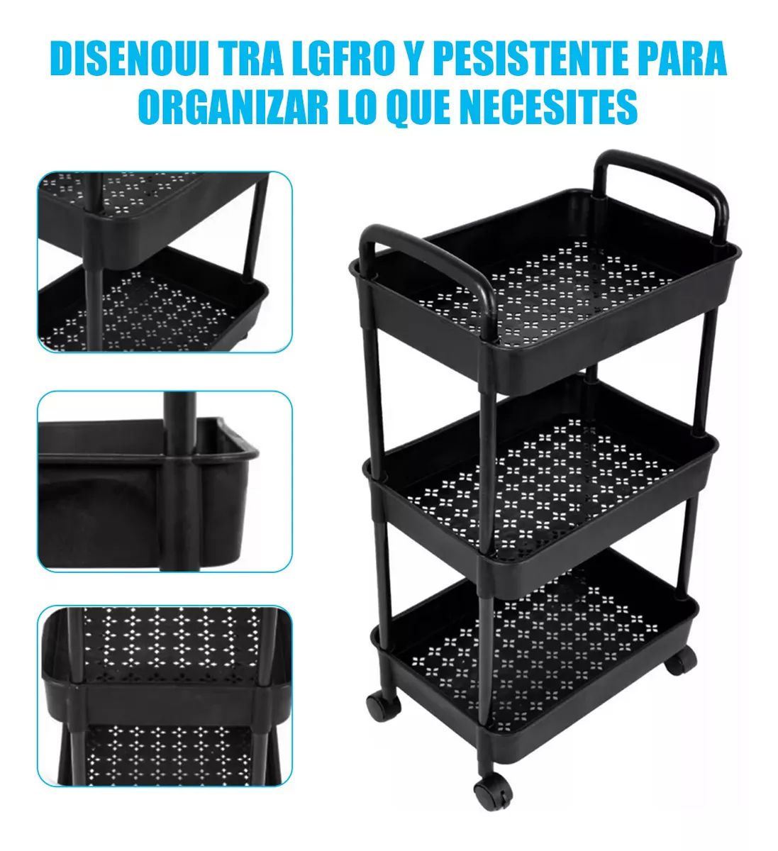 Carrito Auxiliar Estetica Organizador Multiusos 3 Niveles color NEGRO