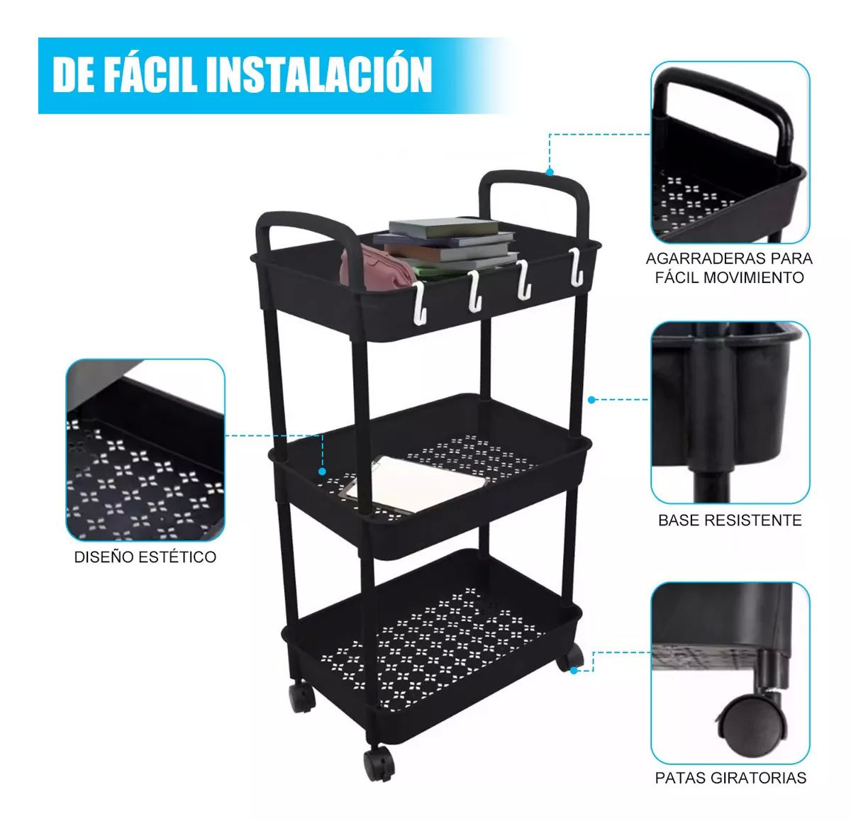 Carrito Auxiliar Estetica Organizador Multiusos 3 Niveles color NEGRO