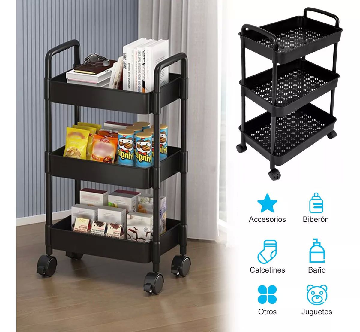 Carrito Auxiliar Estetica Organizador Multiusos 3 Niveles color NEGRO