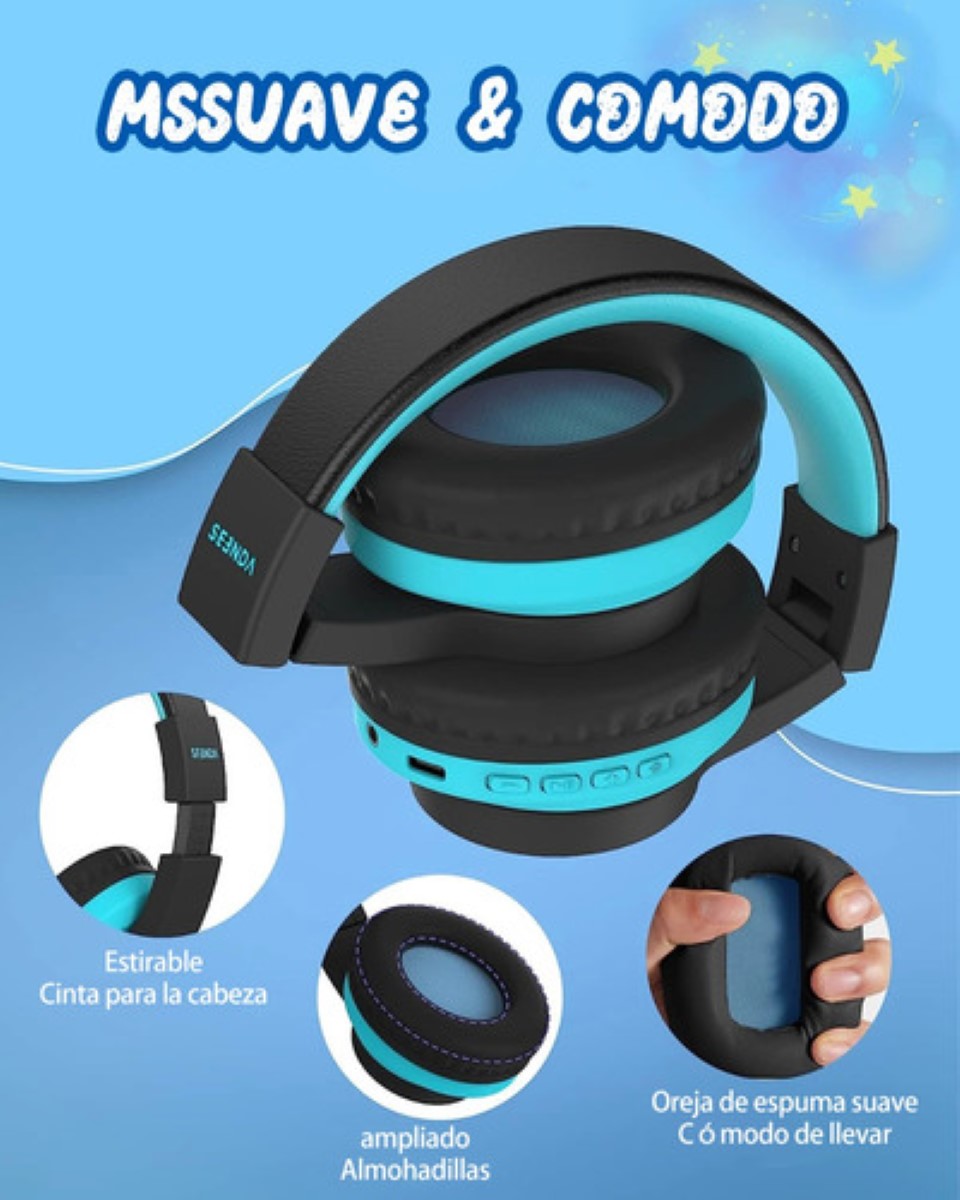 Auriculares Bluetooth Diadema Inalámbricos 45h Para Niños Azuil/Negro