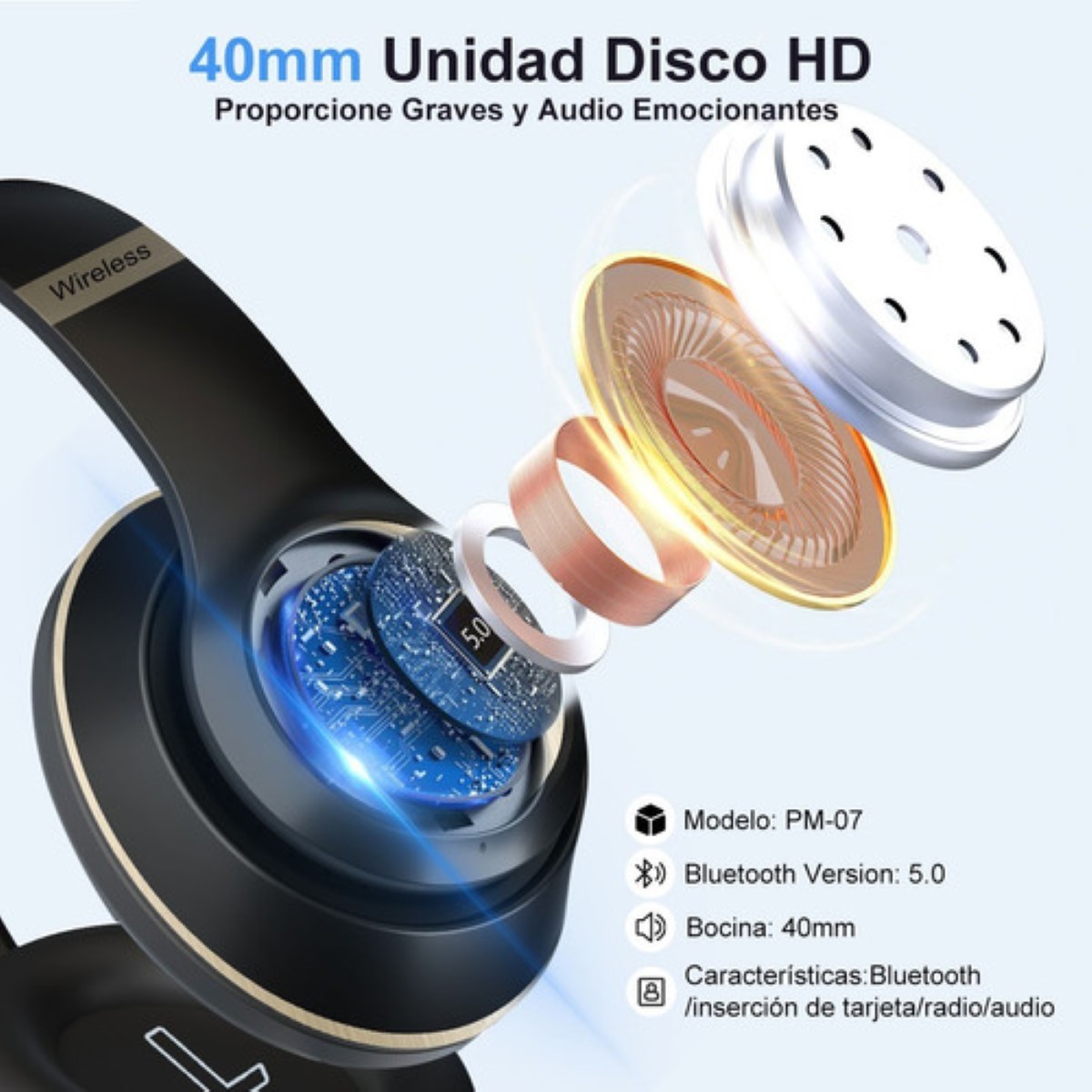 Audifonos De Diadema Inalambricos Bluetooth Plegable Con Mic Negro/Dorado
