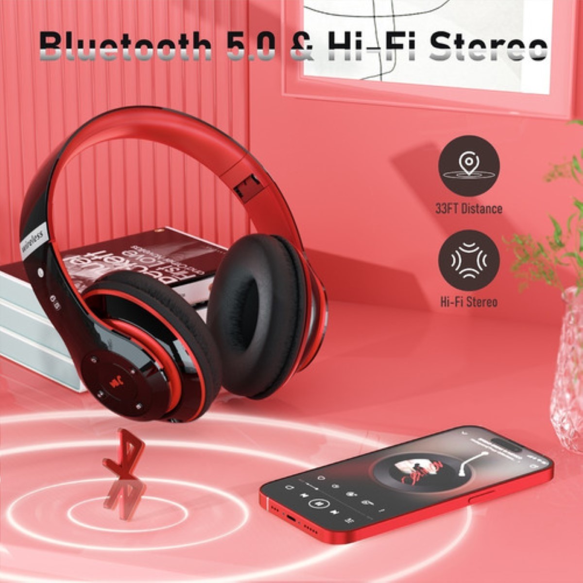 Audifonos Bluetooth Diadema Inalámbrico Y Con Cable Com Mic Negro/Rojo
