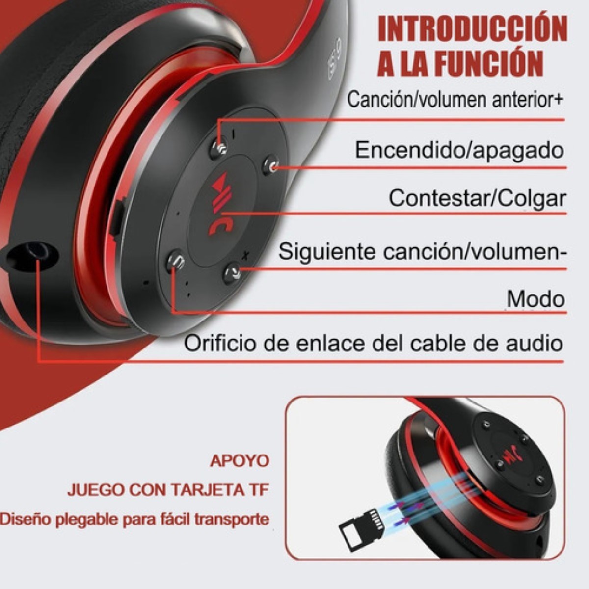 Audifonos Bluetooth Diadema Inalámbrico Y Con Cable Com Mic Negro/Rojo