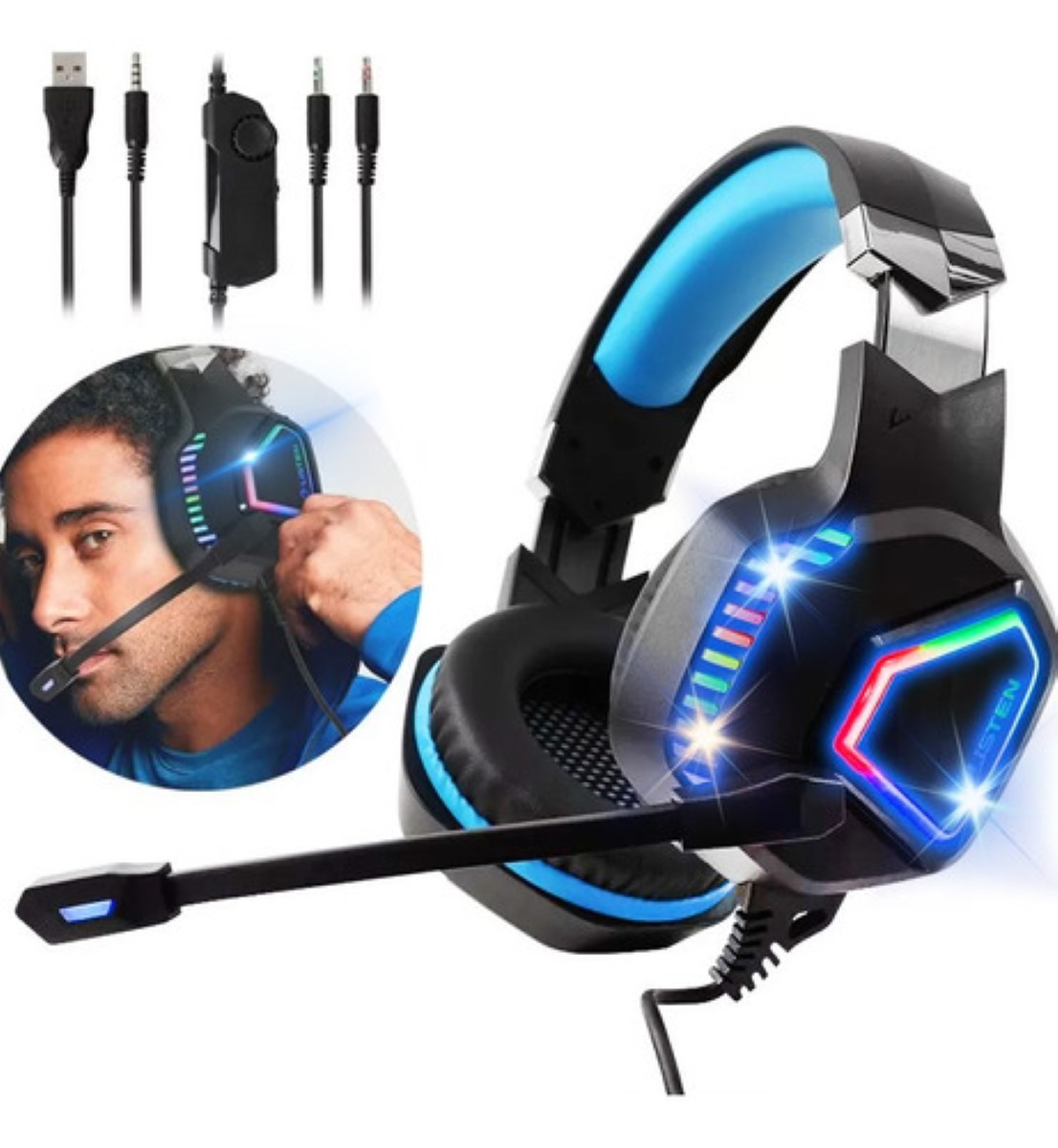 Audífonos Gamer Alámbricos Diadema Con Juegos Mic Negro/Luz Azul