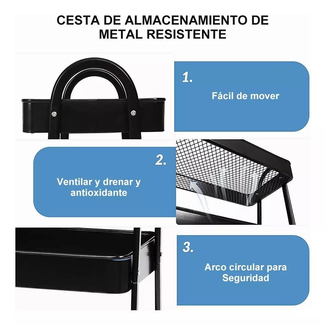 Carrito Organizador Multiusos 3 Niveles Con 360 Metal Ruedas color NEGRO