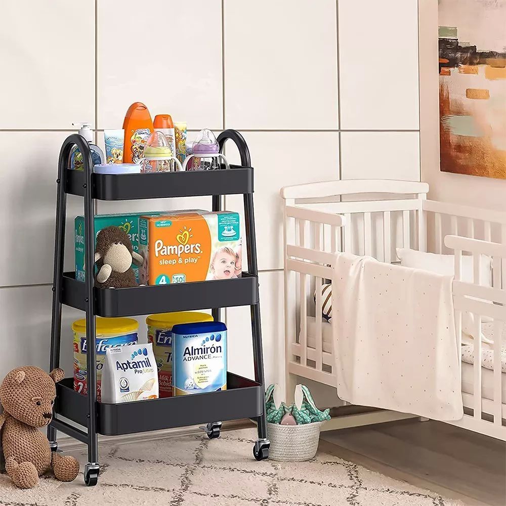 Carrito Organizador Multiusos 3 Niveles Con 360 Metal Ruedas color NEGRO