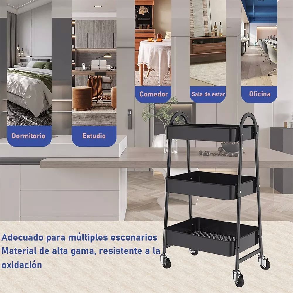 Carrito Organizador Multiusos 3 Niveles Con 360 Metal Ruedas color NEGRO