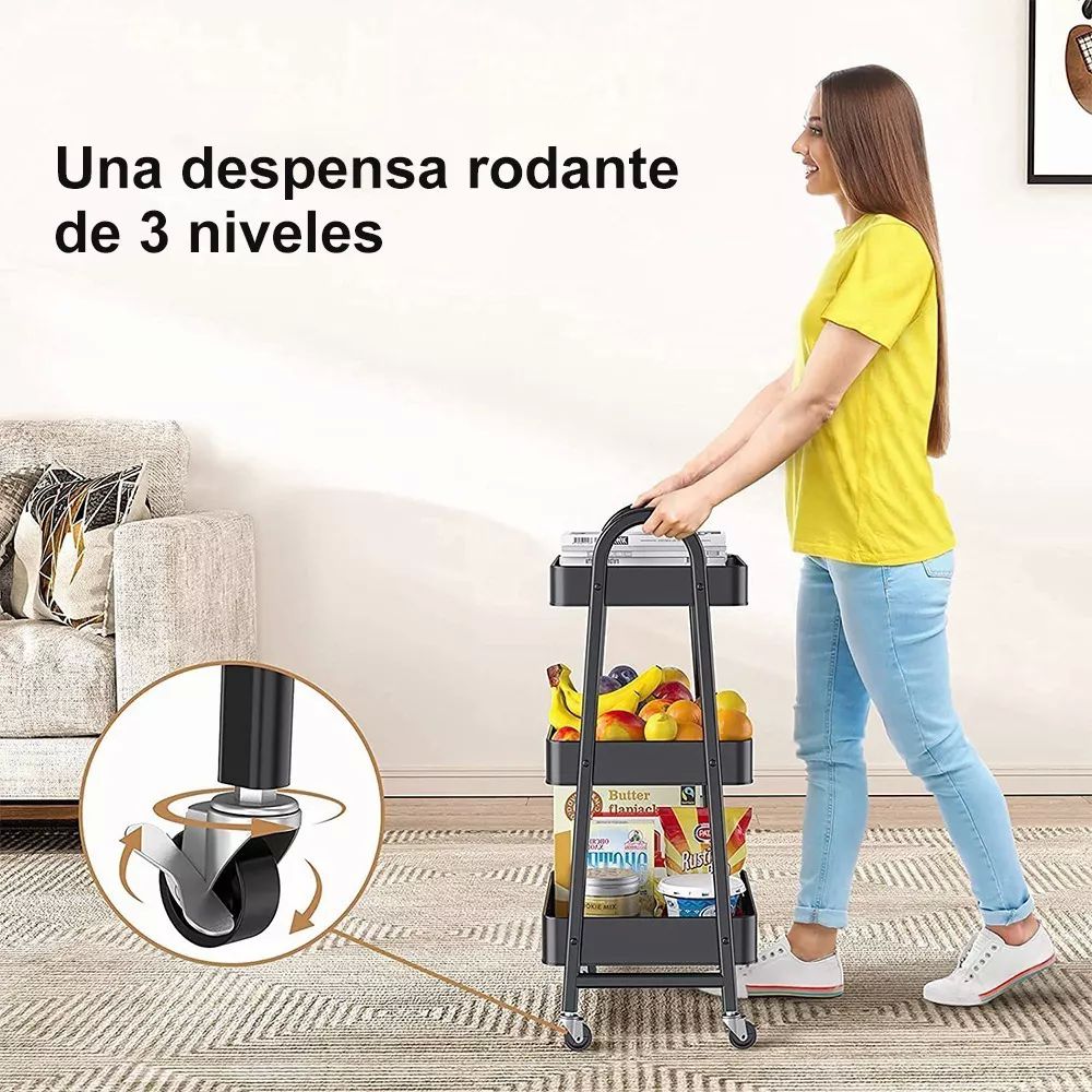 Carrito Organizador Multiusos 3 Niveles Con 360 Metal Ruedas color NEGRO