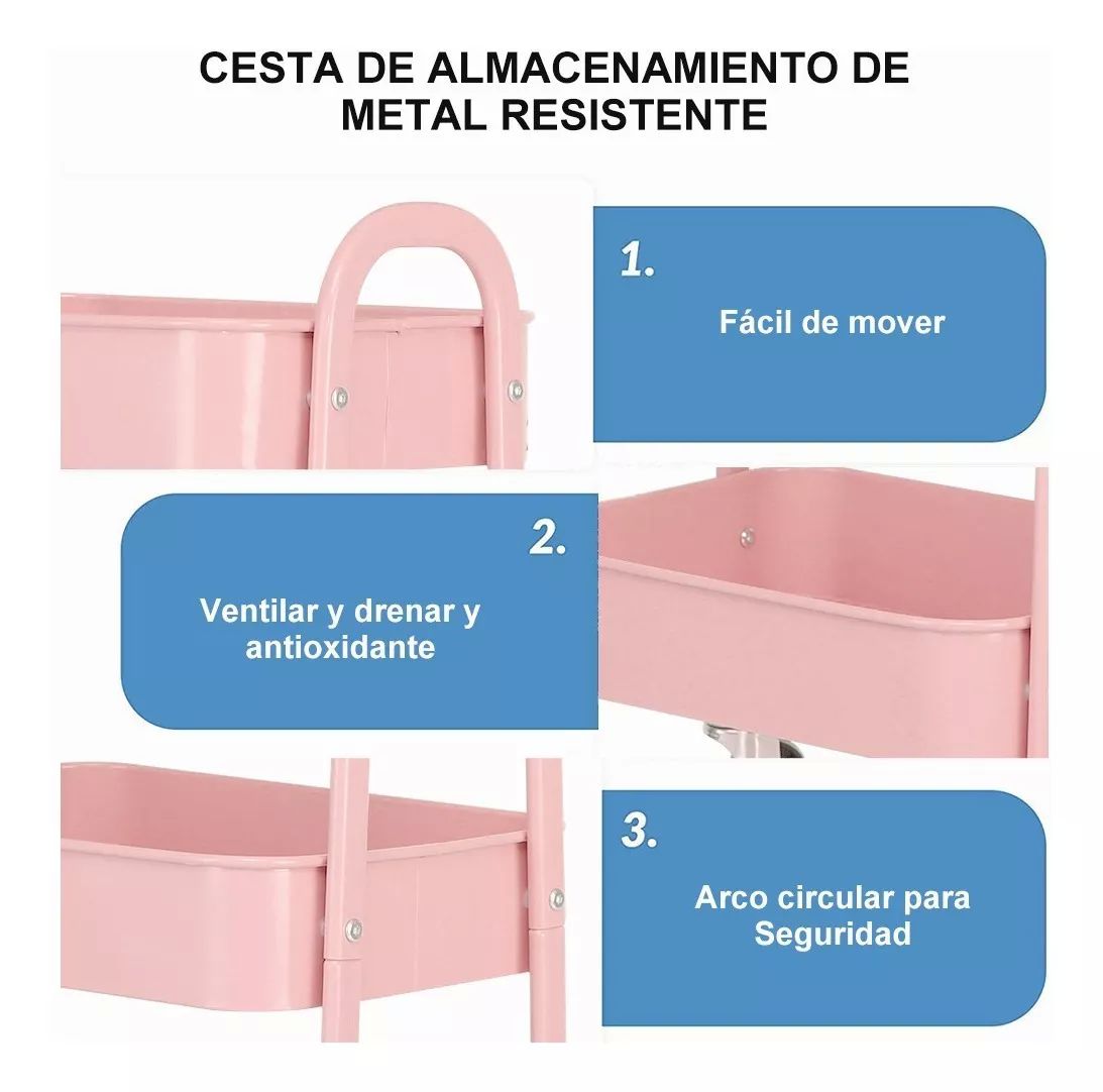 Carrito Organizador Multiusos 3 Niveles Con 360 Metal Ruedas color ROSA