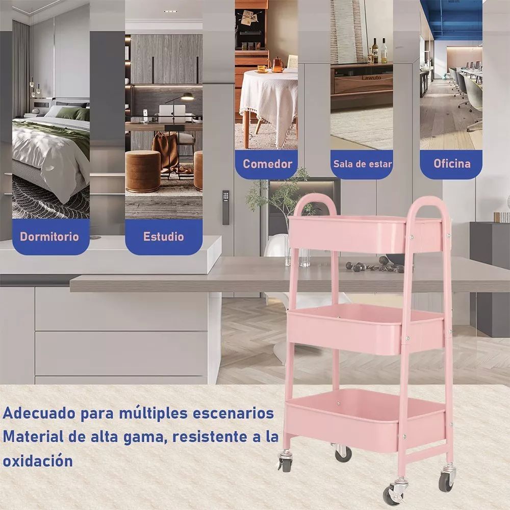 Carrito Organizador Multiusos 3 Niveles Con 360 Metal Ruedas color ROSA