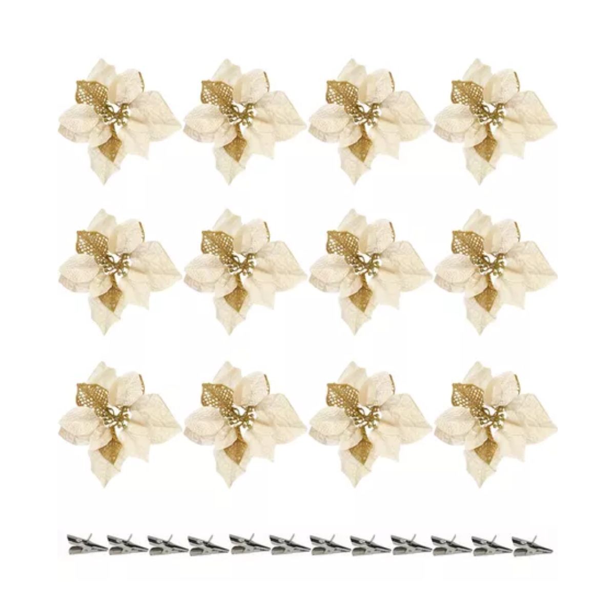 Flores Noche Buenas Navideñas Artificiales 12 Pcs, Dorado con Blanco 
