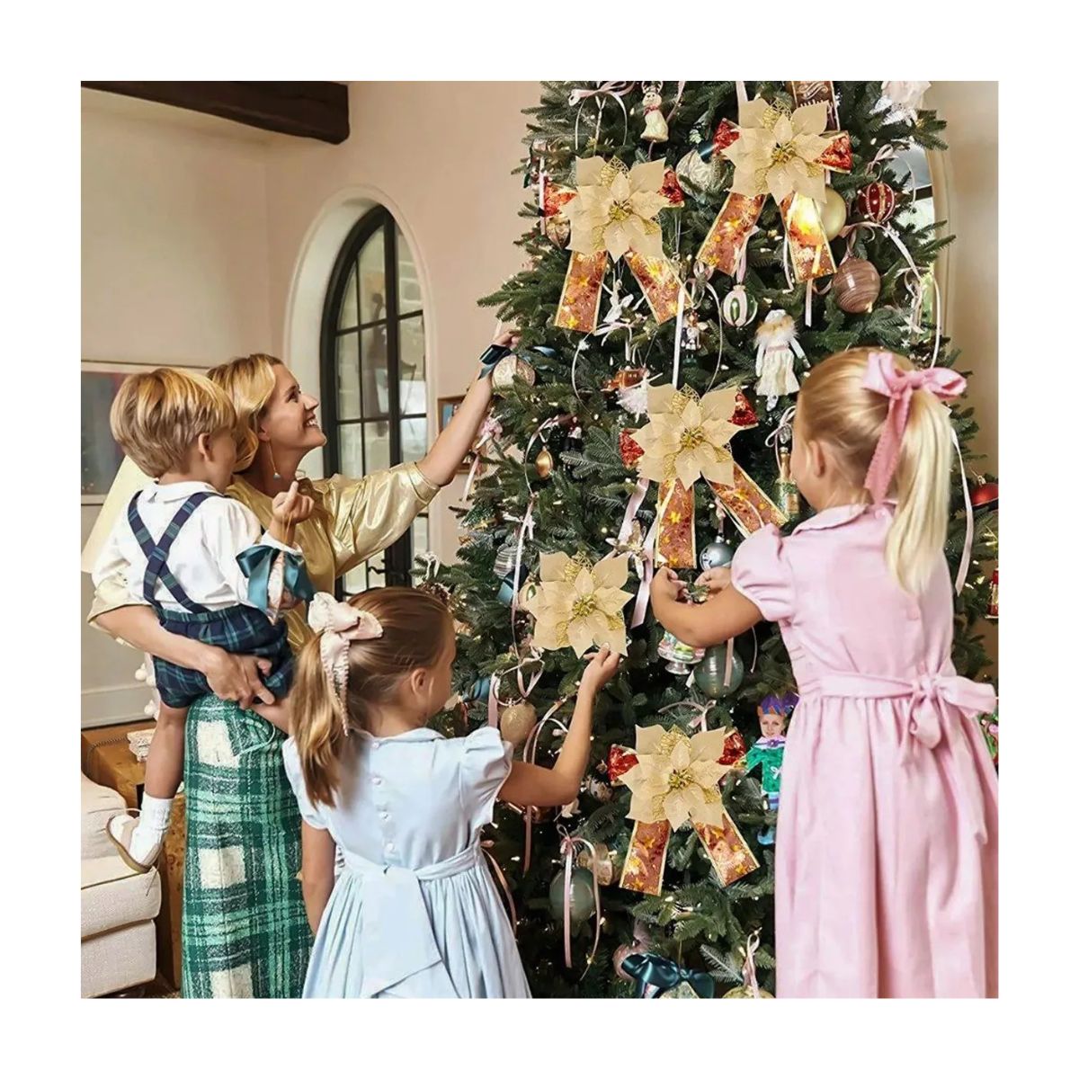 Flores Noche Buenas Navideñas Artificiales 12 Pcs, Dorado con Blanco 