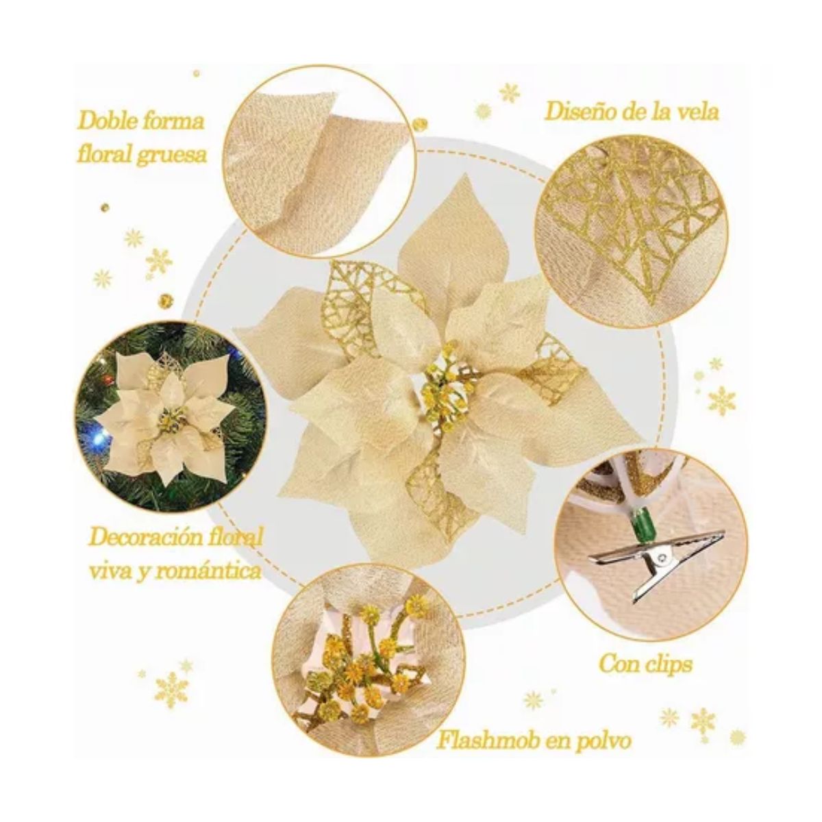 Flores Noche Buenas Navideñas Artificiales 12 Pcs, Dorado con Blanco 