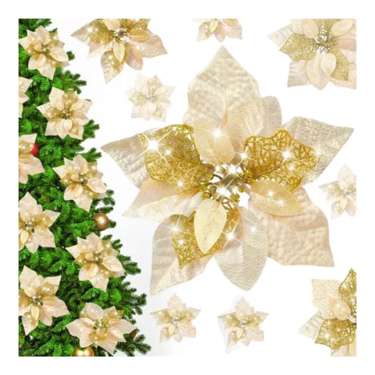 Flores Noche Buenas Navideñas Artificiales 12 Pcs, Dorado con Blanco 