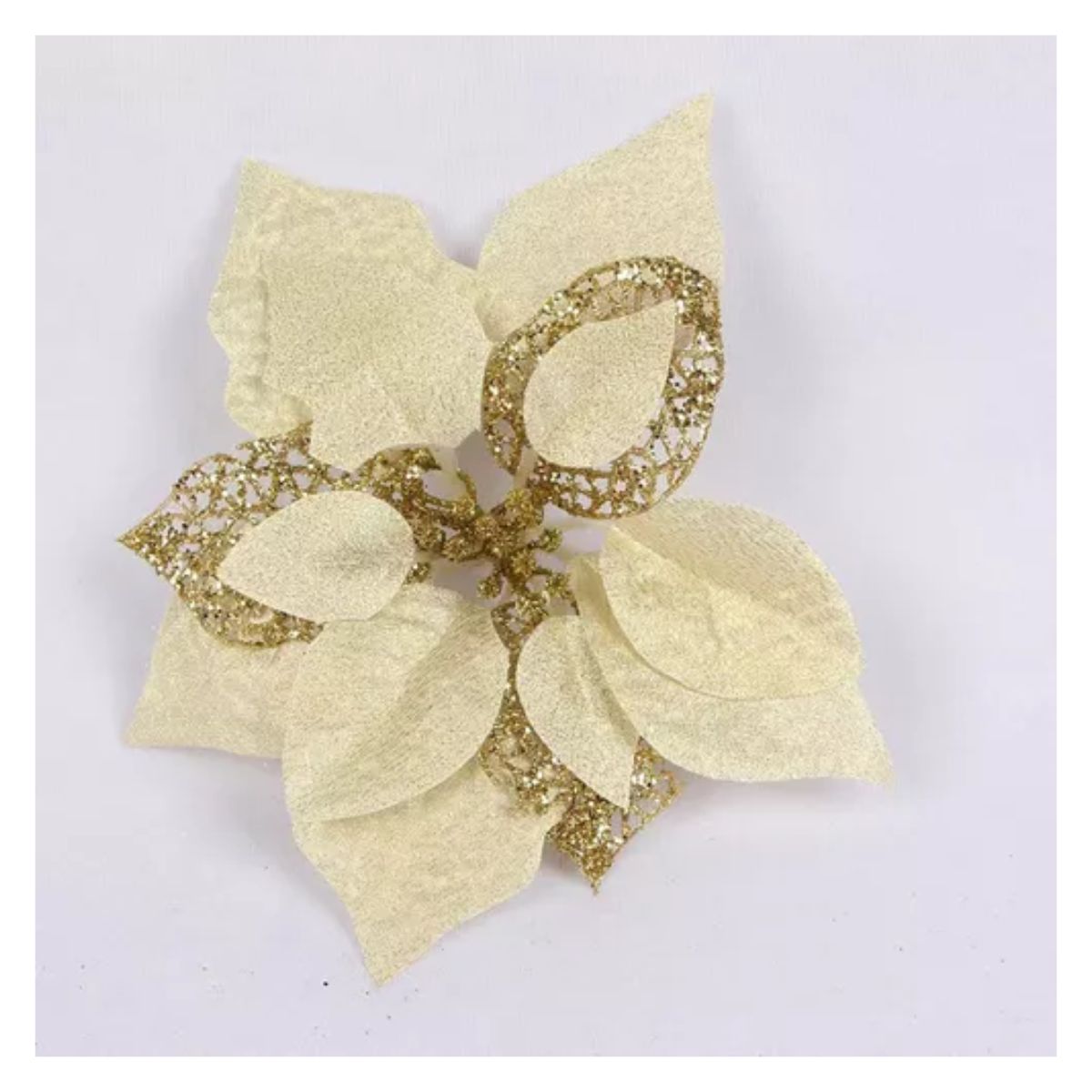 Flores Noche Buenas Navideñas Artificiales 12 Pcs, Dorado con Blanco 