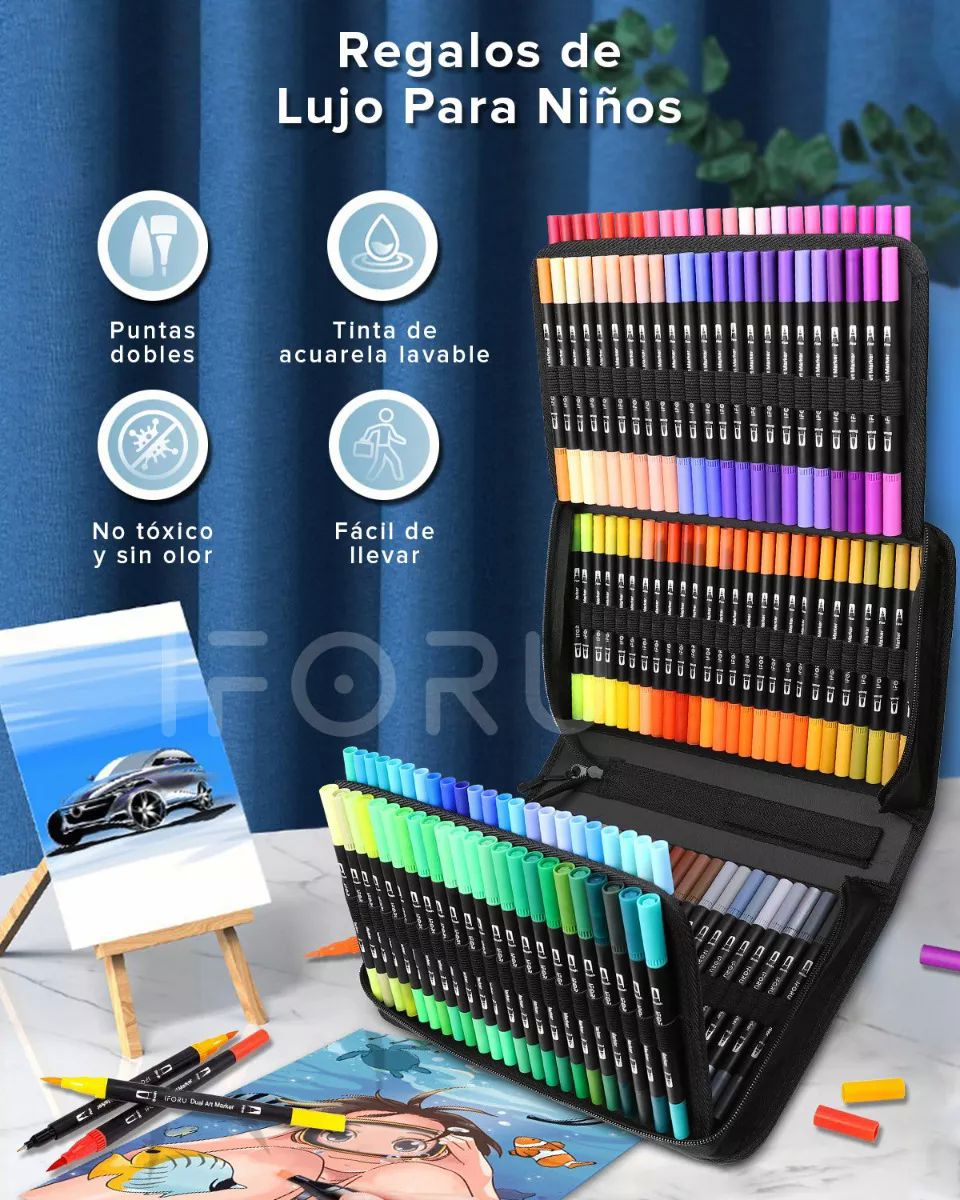 Marcadores Doble Punta Plumones Punta Pincel Iforu 144 Color