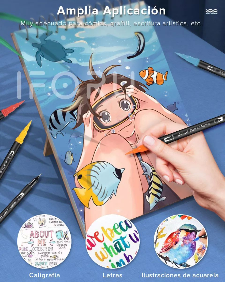 Marcadores Doble Punta Plumones Punta Pincel Iforu 144 Color