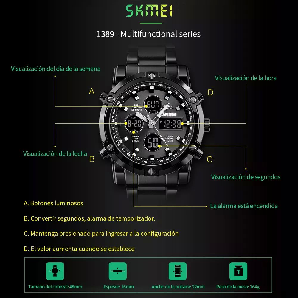 Reloj Elegante Skmei 1389 Triple Hora Acero Inoxidable