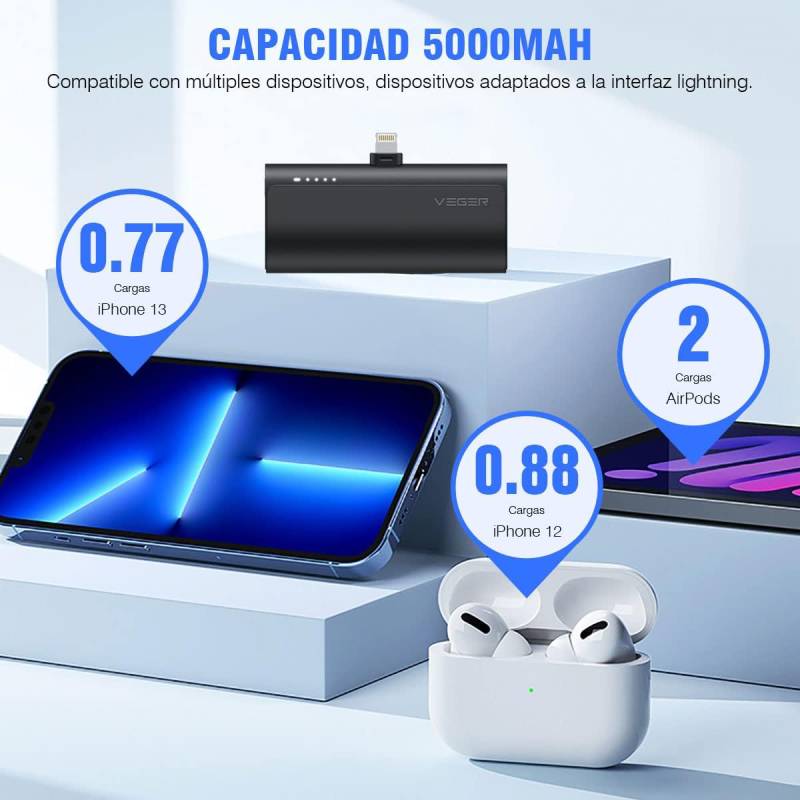 Mini Power Bank Veger 5000 Mah 20w Color Negro Lightning