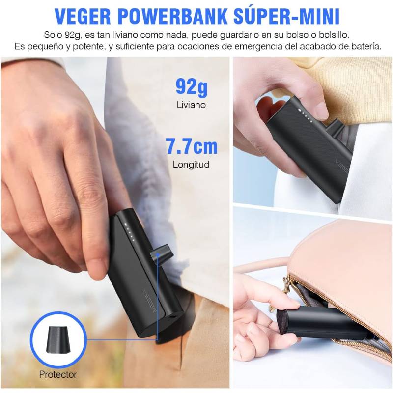 Mini Power Bank Veger 5000 Mah 20w Color Negro Lightning