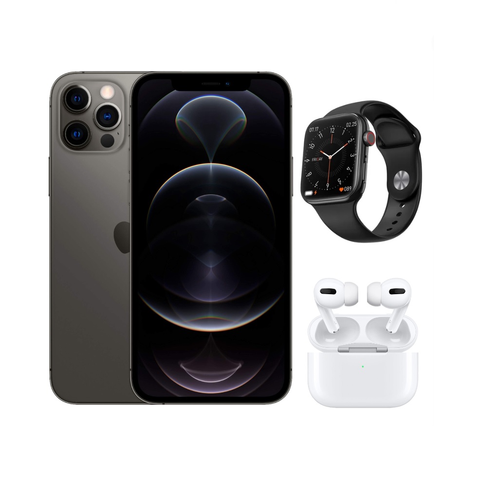 Combo iPhone 12 Pro 256GB Space Gray (Reacondicionado grado A) + Audifonos para iPhone + Smartwatch.
