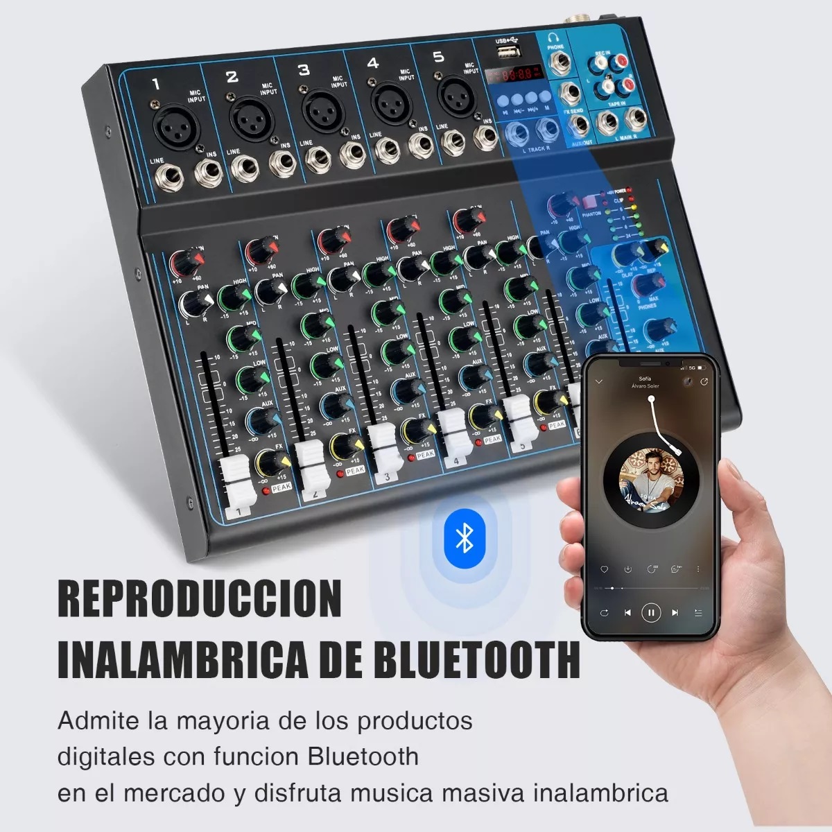 Consola De Audio Mezcladora Bluetooth 7 Canales 16 Efectos