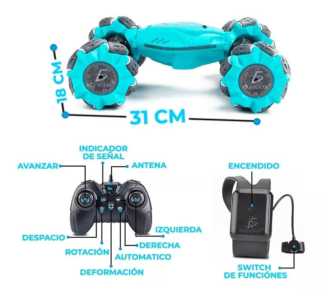 Carro Coche Control Remoto Azul Recargable Doble Gesto Conducción Bidireccional Rotación 360 Juguetes