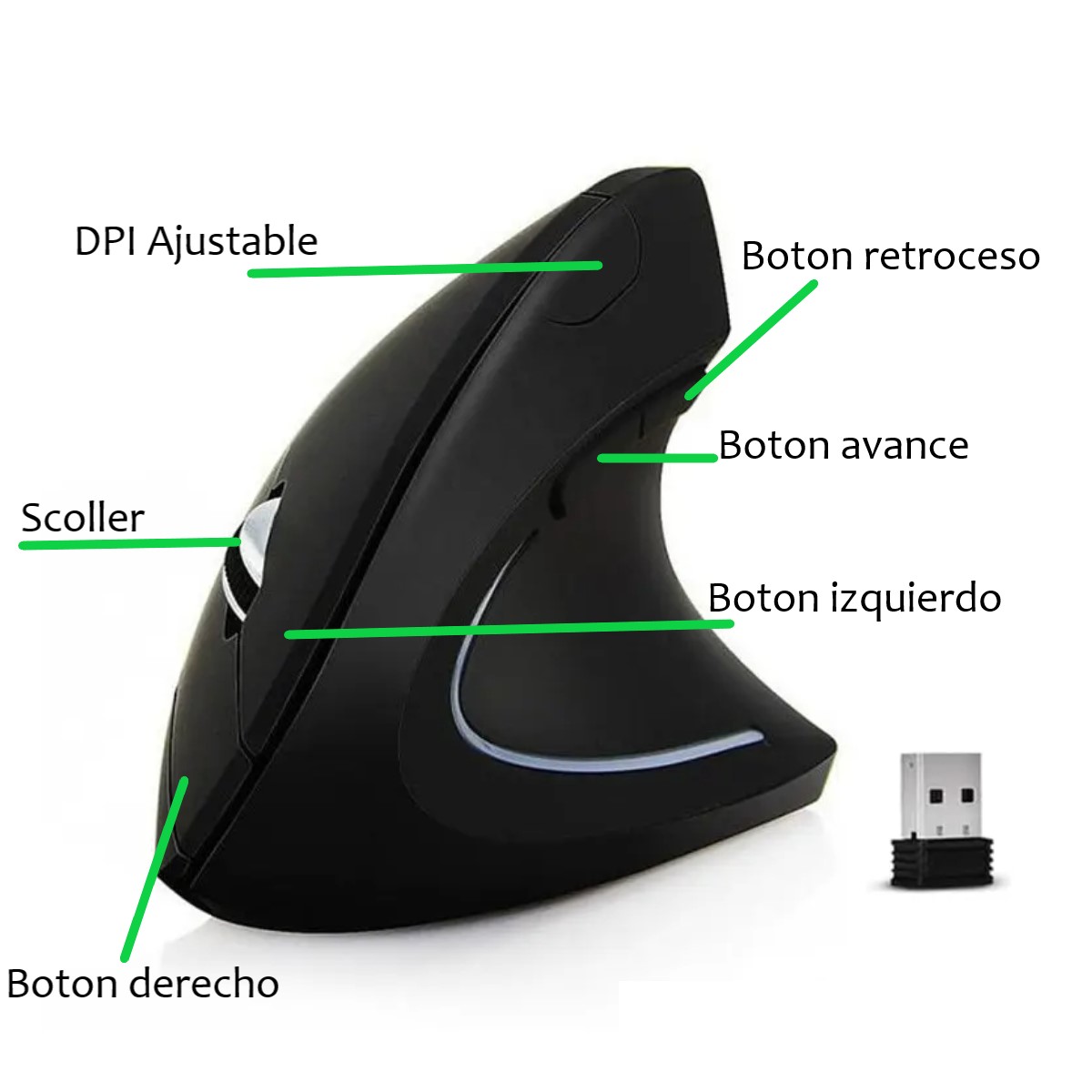 Mouse Ratón óptico inalámbrico vertical nuevo estilo mano derecha carga vertical LED negro pc usb