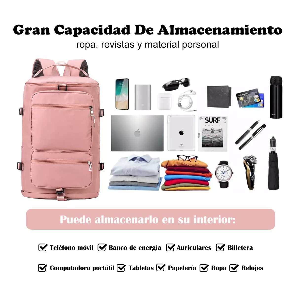 Maleta Deportiva Mochila Gimnasio Viaje Fitness Moda Bolsas Rosa