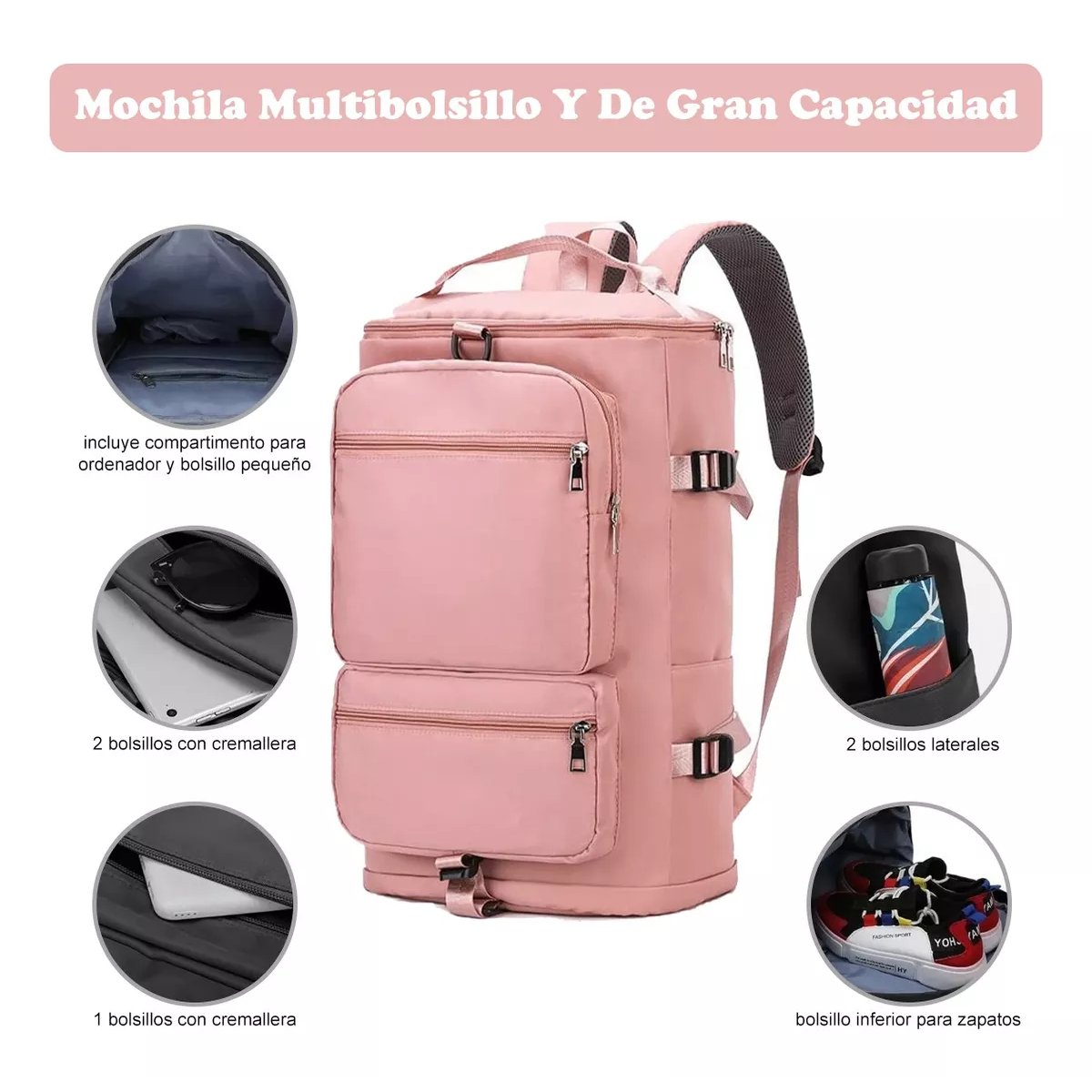 Maleta Deportiva Mochila Gimnasio Viaje Fitness Moda Bolsas Rosa