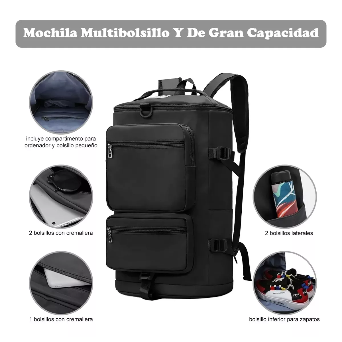 Maleta Deportiva Mochila Gimnasio Viaje Fitness Moda Bolsas Negro