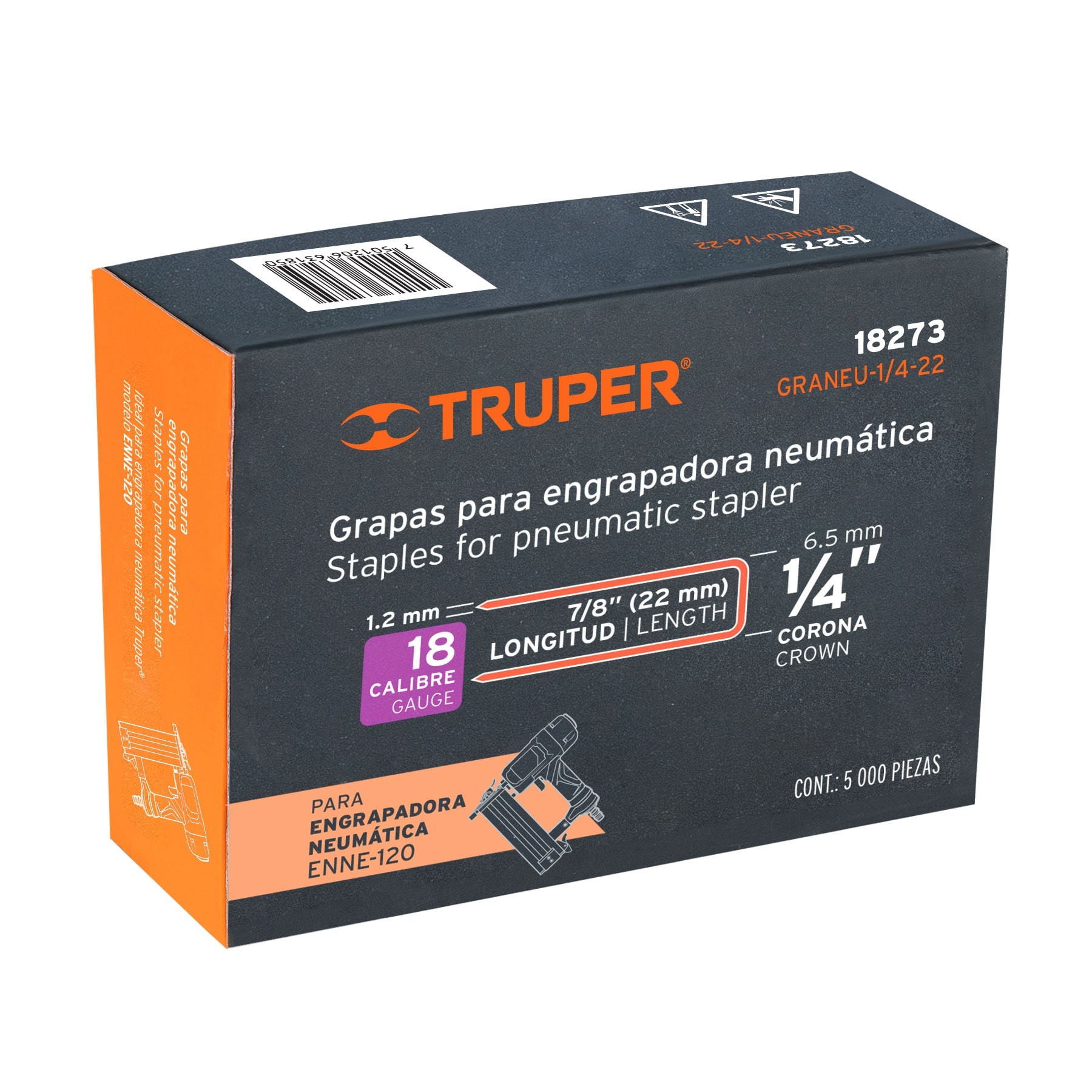 CAJA CON 5000 GRAPAS CORONA 1/4" CALIBRE 18, 22MM P/ENNE-120 TRUPER 18273
