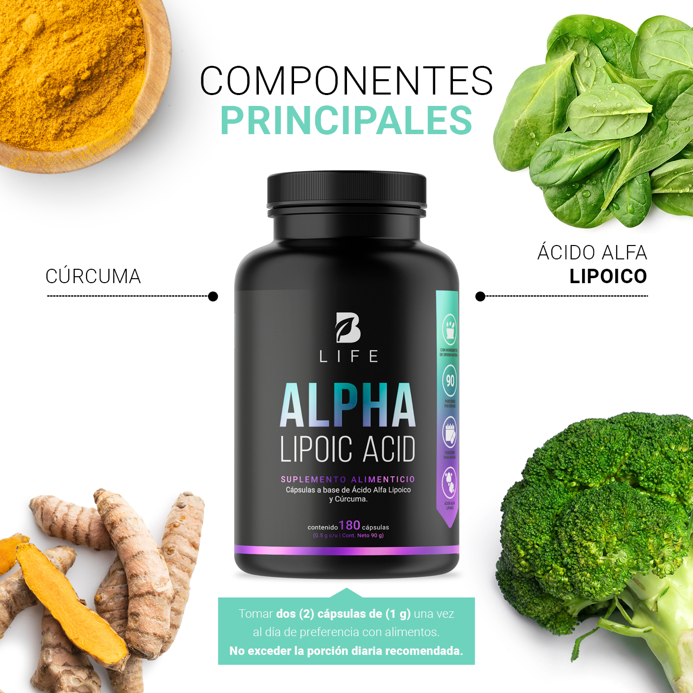 Ácido Alfa Lipoico De 180 Cápsulas. Alpha Lipoic Acid B Life.