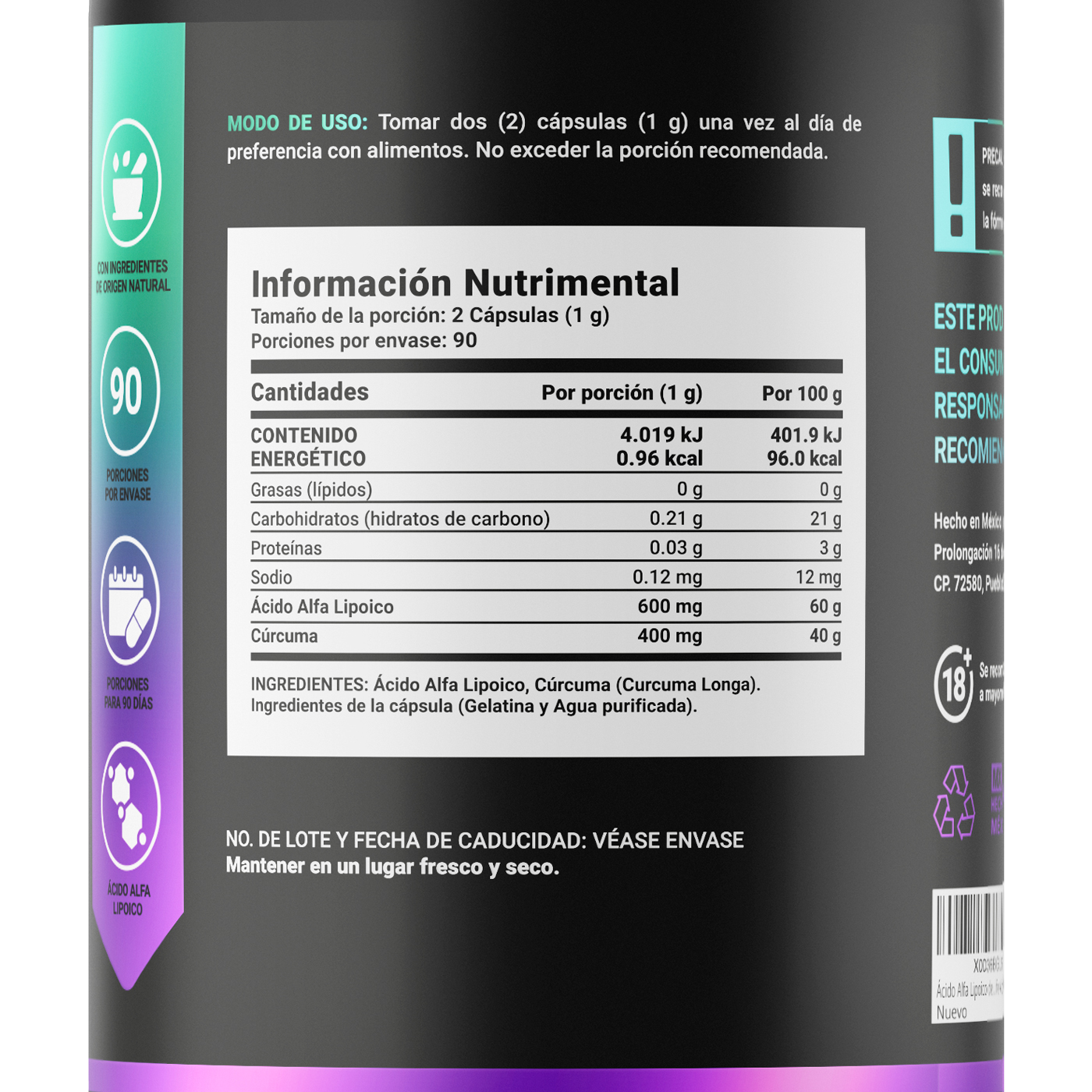Ácido Alfa Lipoico De 180 Cápsulas. Alpha Lipoic Acid B Life.