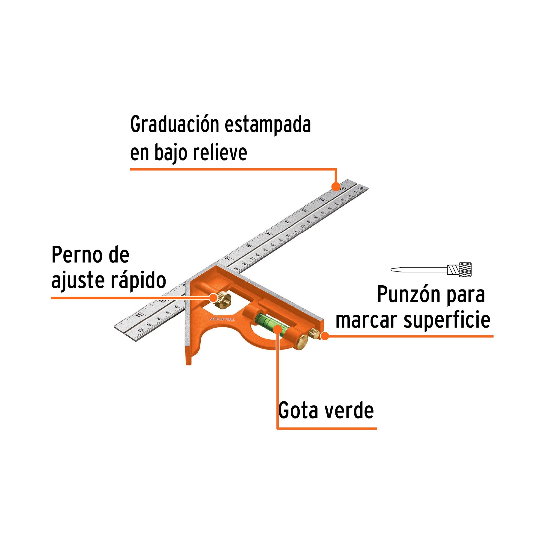 ESCUADRA 12" DE COMBINACIÓN CON PUNZÓN PARA MARCAR, TRUPER 14380
