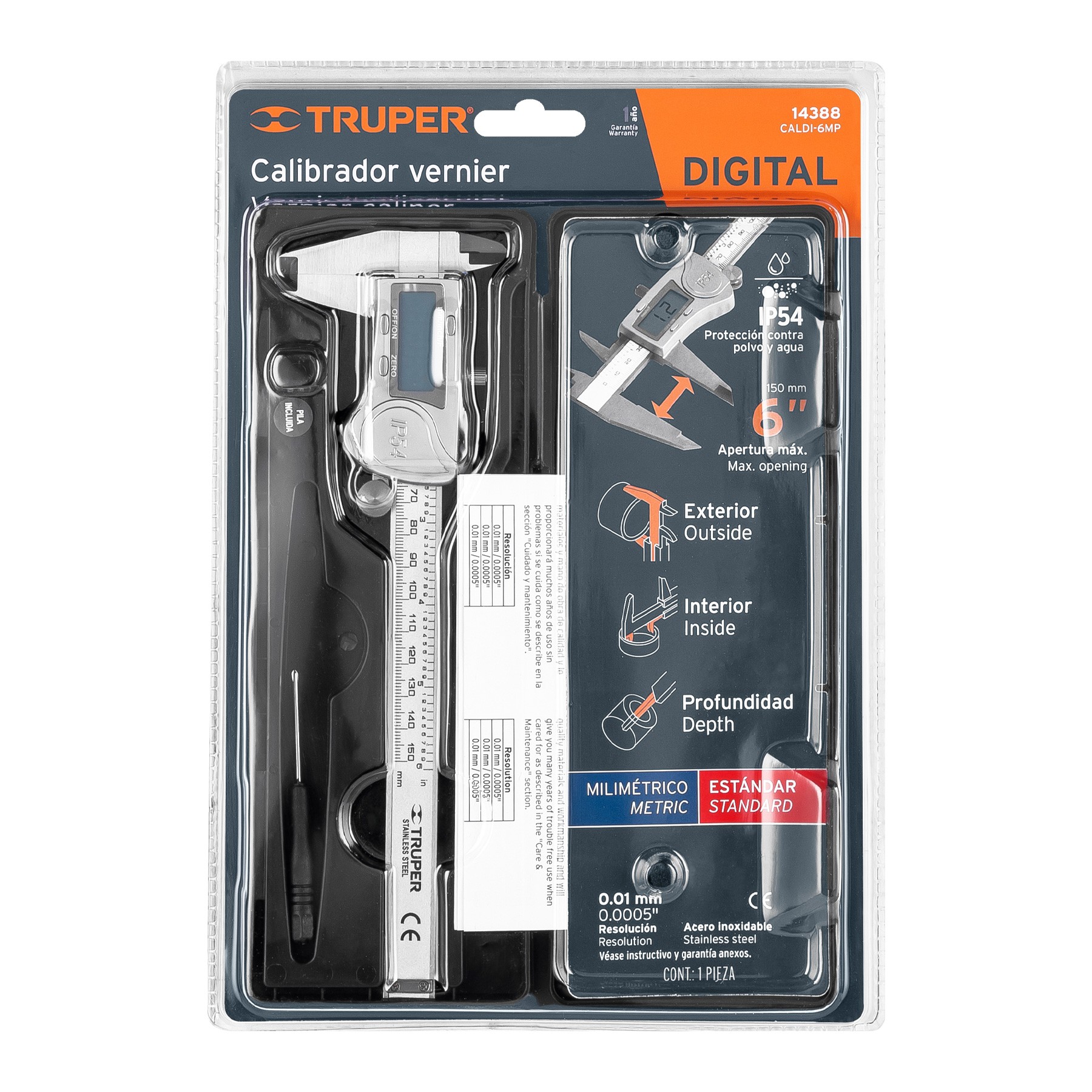 CALIBRADOR VERNIER DIGITAL 6" ACERO INOX, STD Y MM, TRUPER 14388
