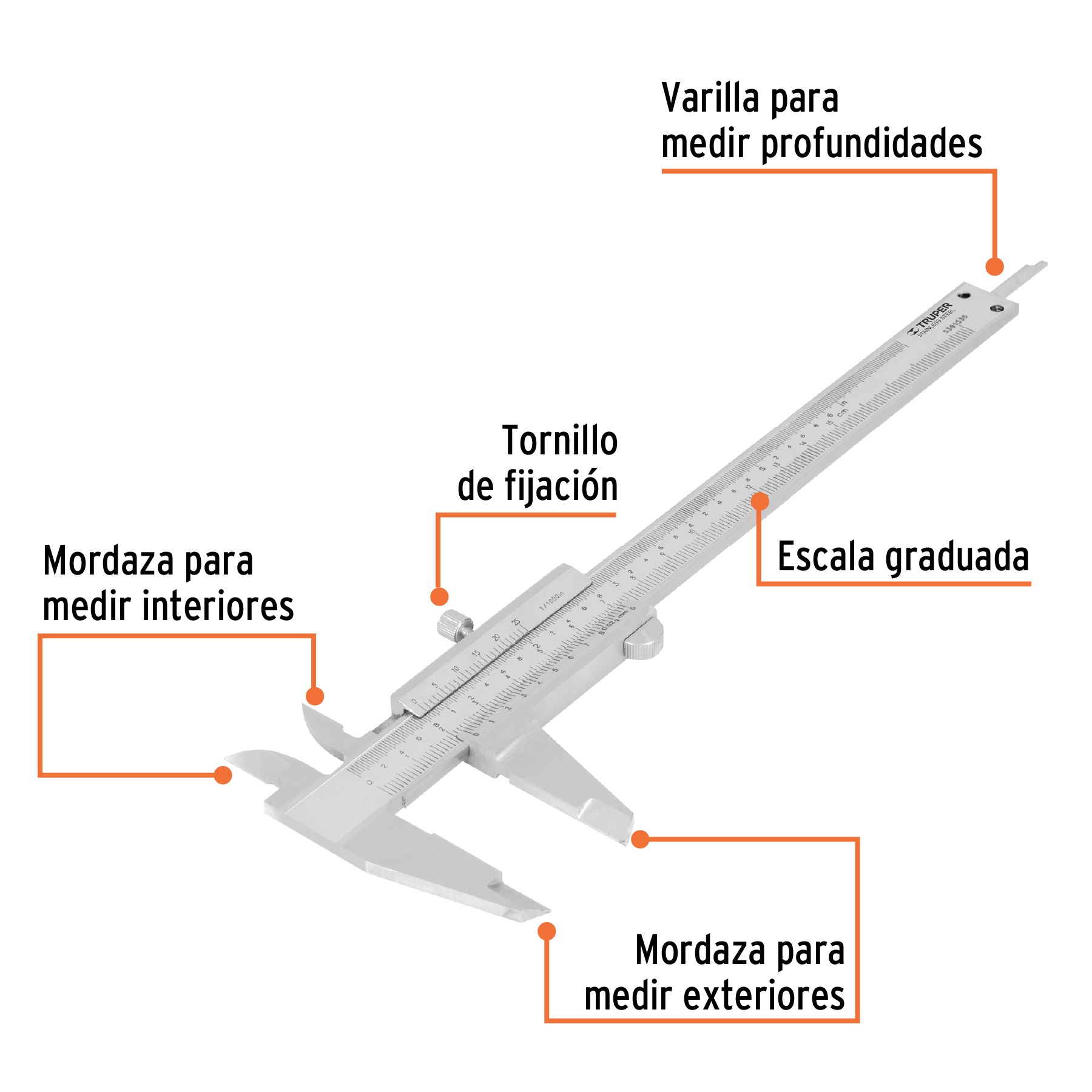 CALIBRADOR VERNIER ANALÓGICO 6" ACERO INOX, STD Y MM, TRUPER 14394