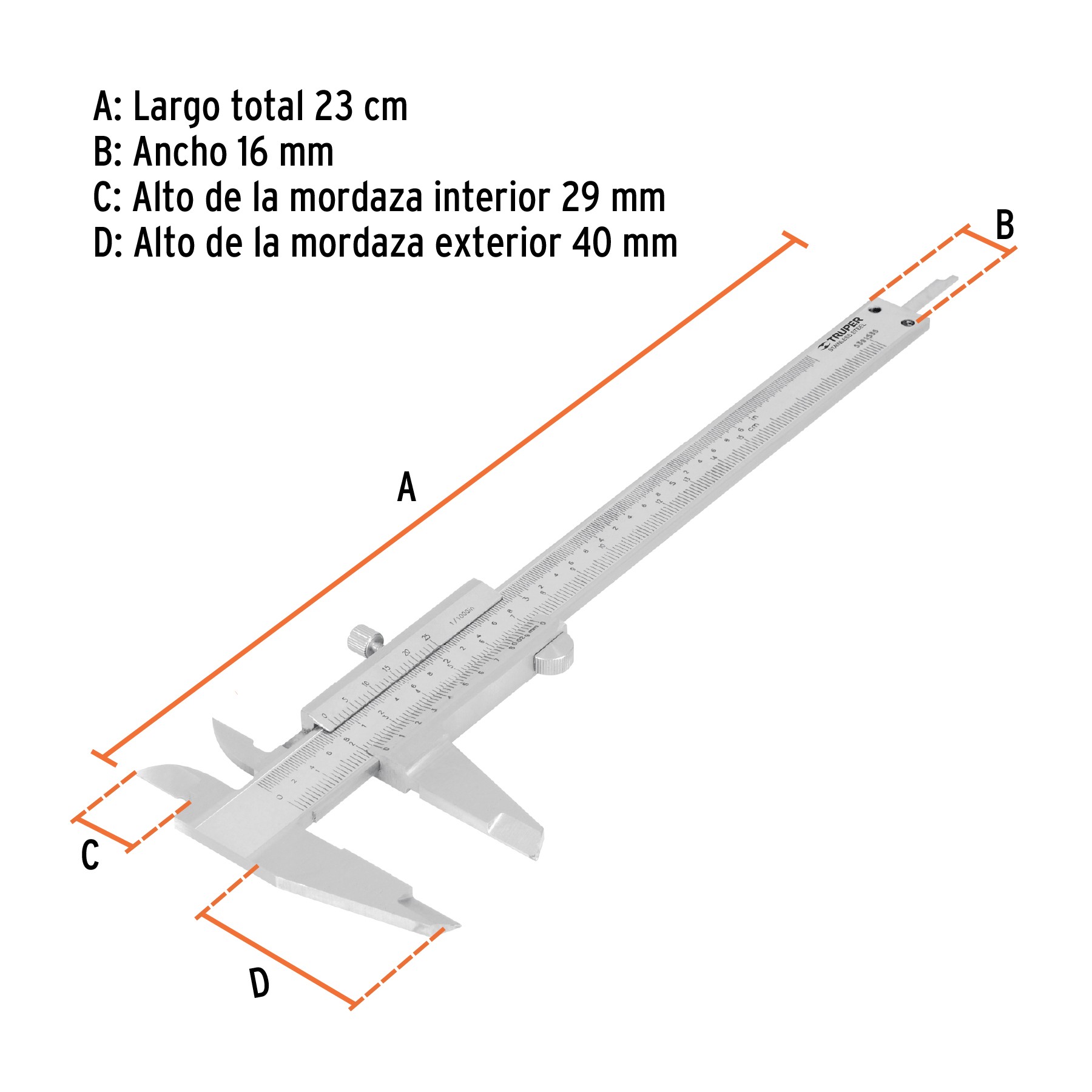 CALIBRADOR VERNIER ANALÓGICO 6" ACERO INOX, STD Y MM, TRUPER 14394