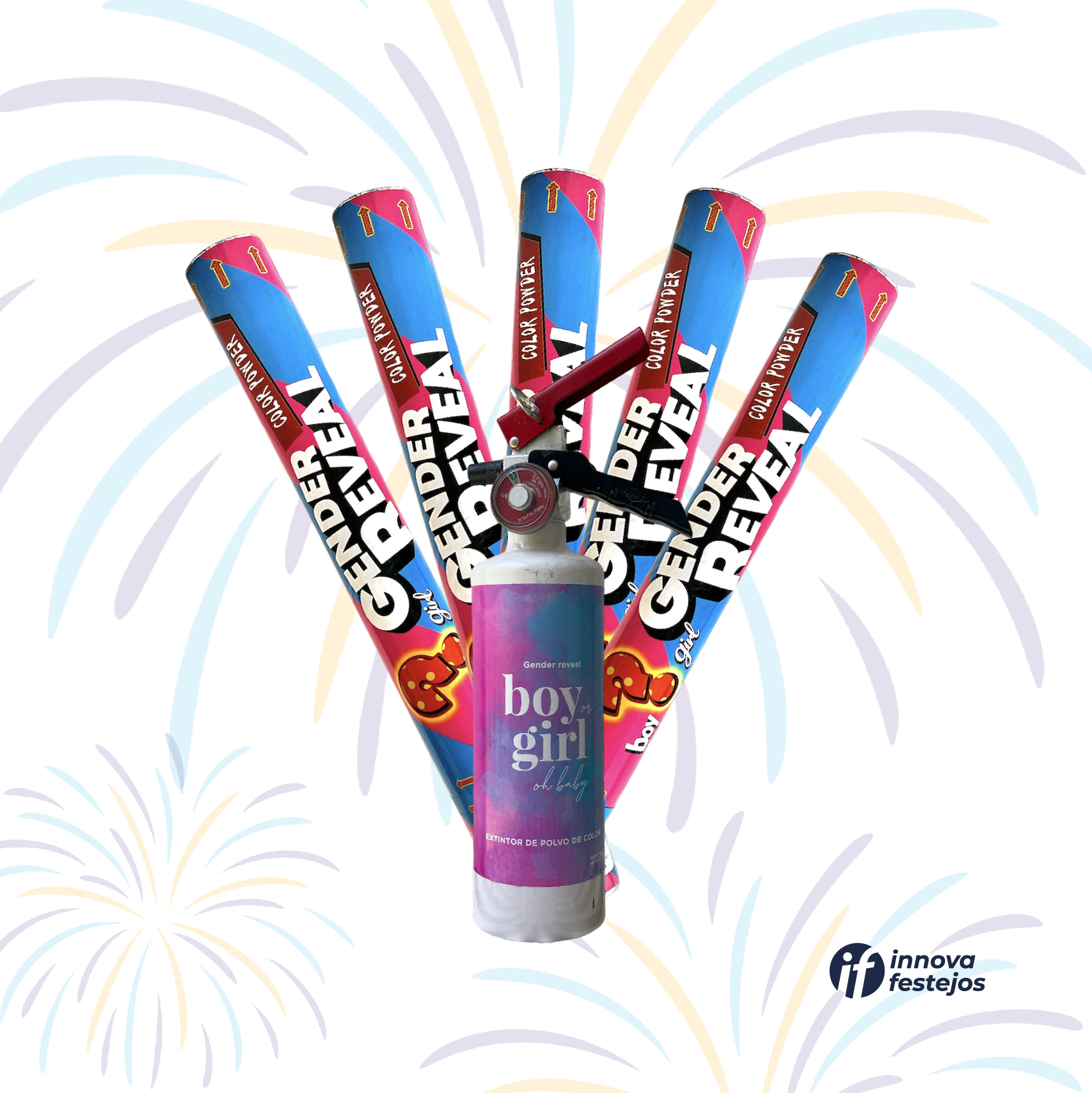 Paquete Gender Reveal 5 Poppers De Papel China-polvo Y Extintor - Innova