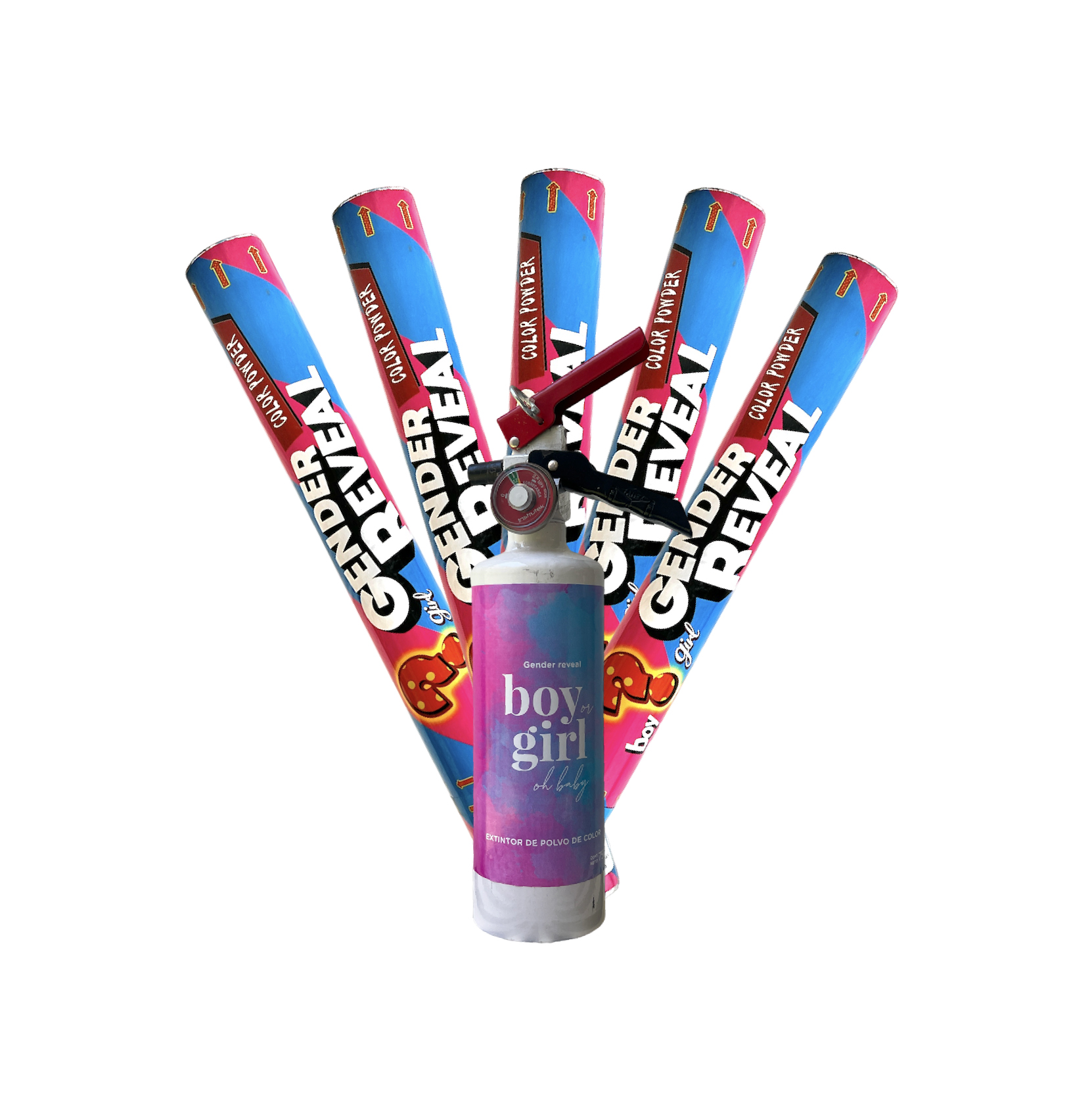 Paquete Gender Reveal 5 Poppers De Papel China-polvo Y Extintor - Innova