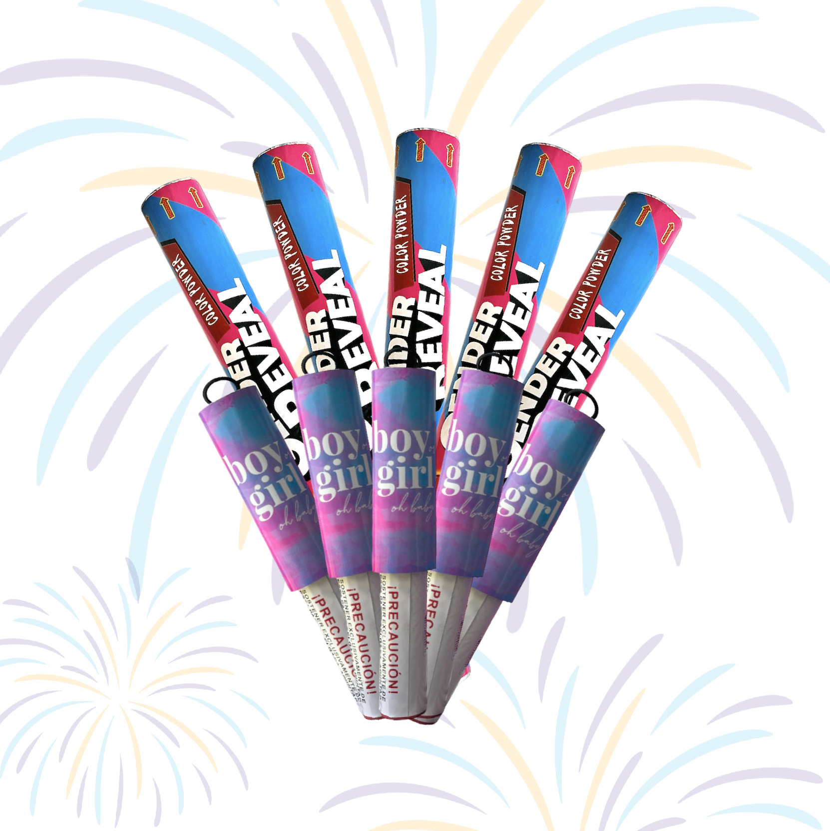 Paquete de Gender Reveal 5 Poppers De Papel China-polvo Y 5 Bengalas - Innova