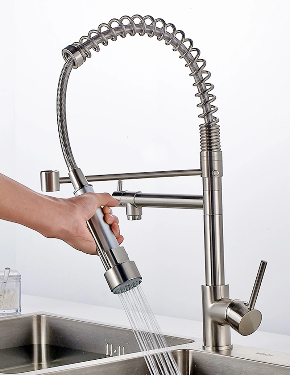 Llave Mezcladora y Grifo Para Cocina Doble Con Doble Función Haussy Acabado Niquel Esmerilado