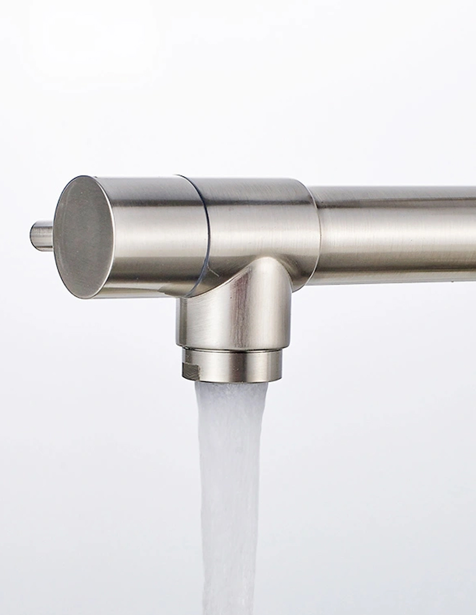 Llave Mezcladora y Grifo Para Cocina Doble Con Doble Función Haussy Acabado Niquel Esmerilado