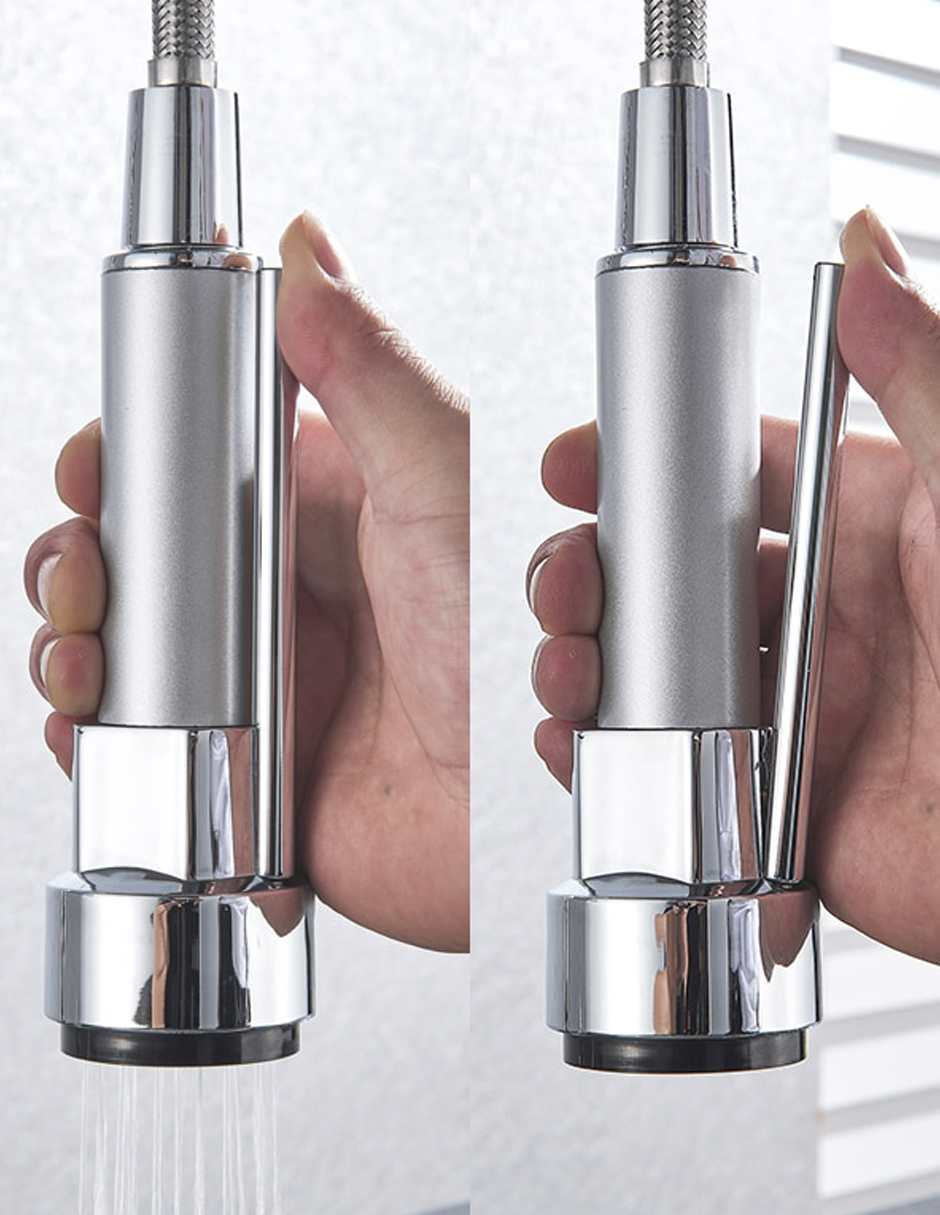 Llave Mezcladora y Grifo Para Cocina Doble Con Doble Función Haussy Acabado Niquel Esmerilado