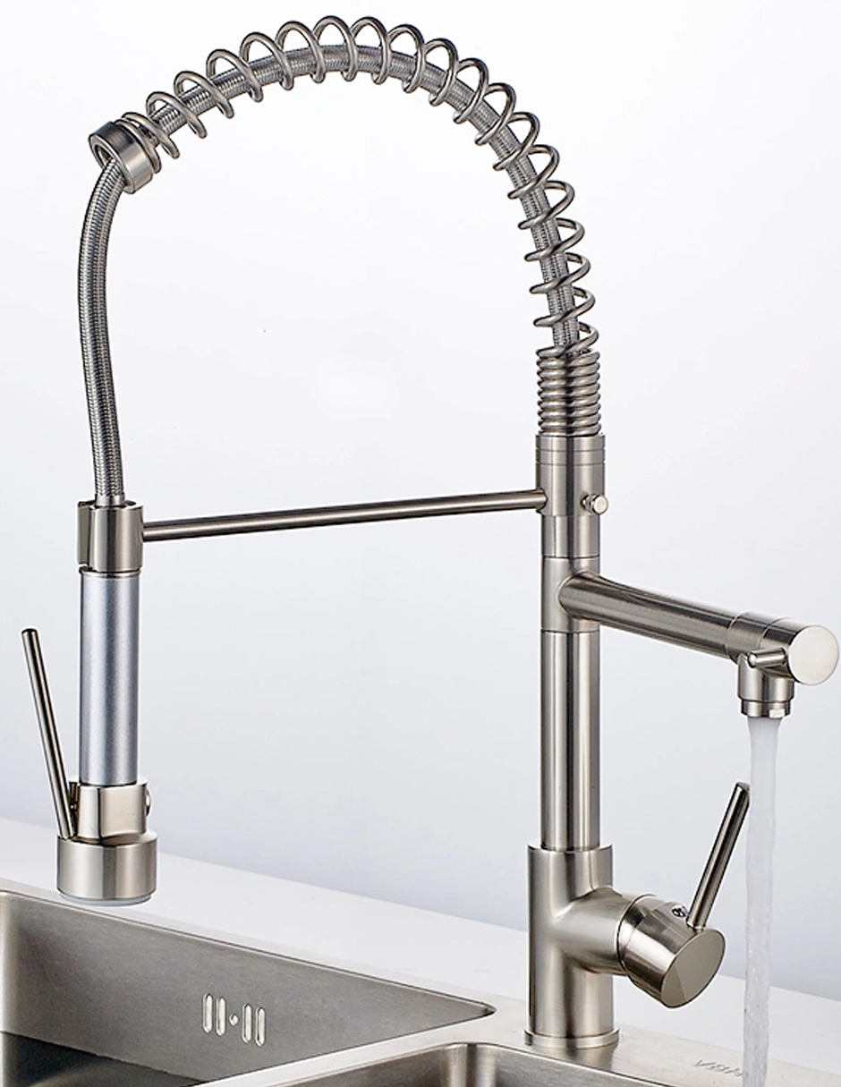 Llave Mezcladora y Grifo Para Cocina Doble Con Doble Función Haussy Acabado Niquel Esmerilado