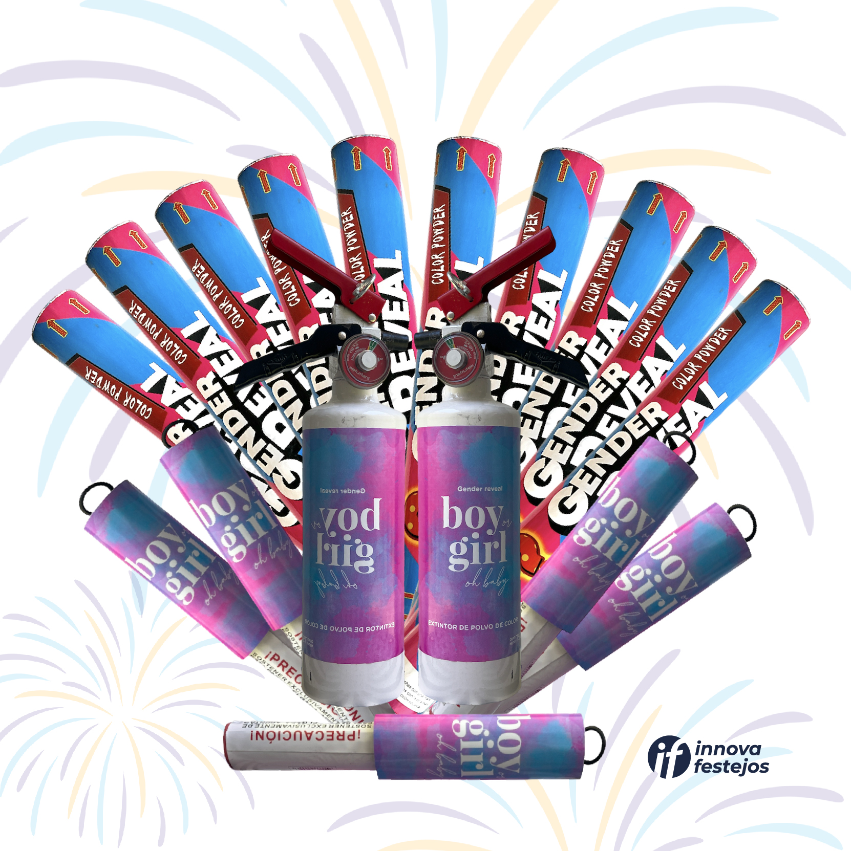 Paquete de Gender Reveal 10 Poppers de papel china, polvo 5 Bengalas de humo de argolla y 2 Extintores Azul/rosa 750 g. - Innova